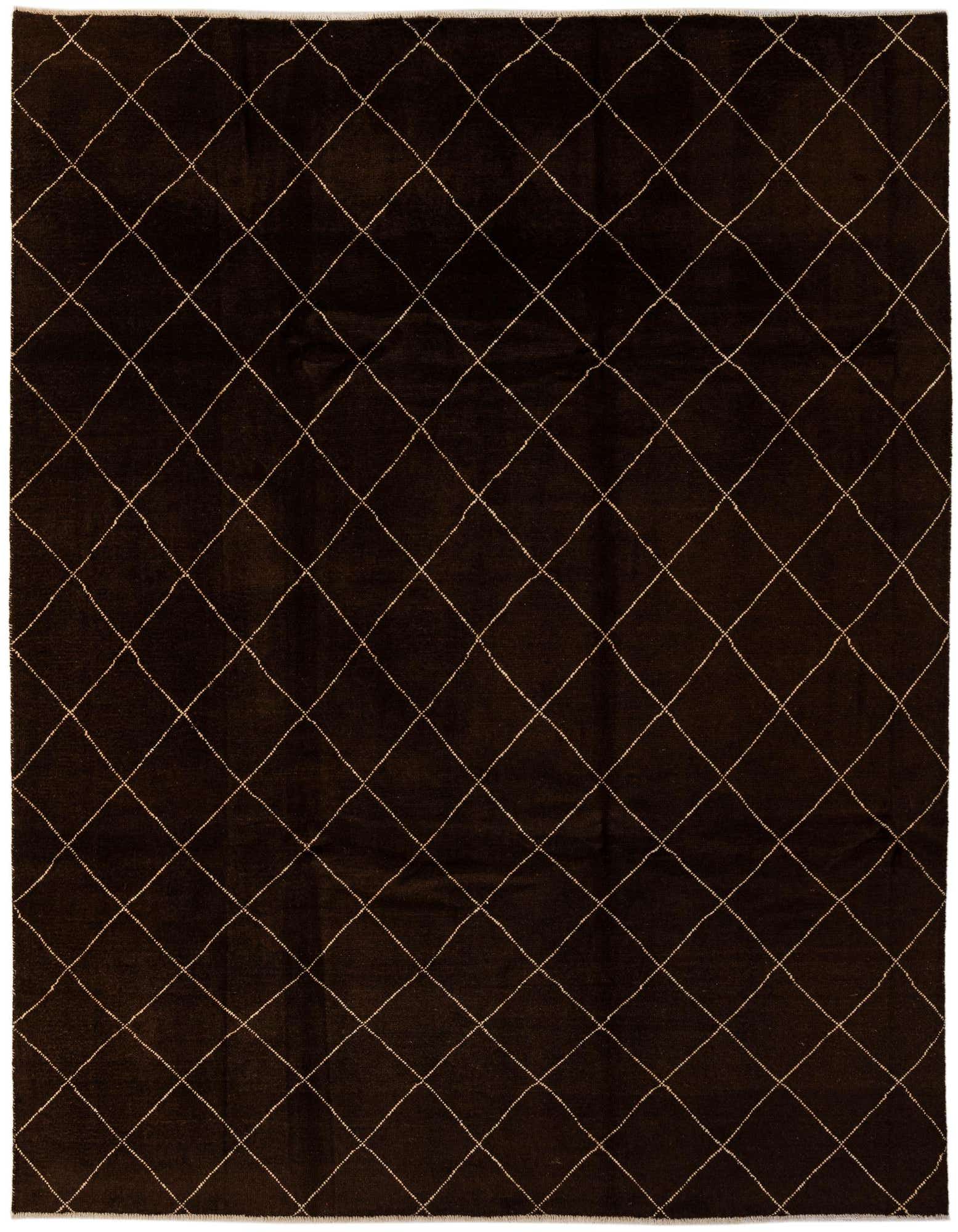 A dark brown 8x10 rectangular wool rug with a subtle tan diamond tribal pattern, suitable for a living room.