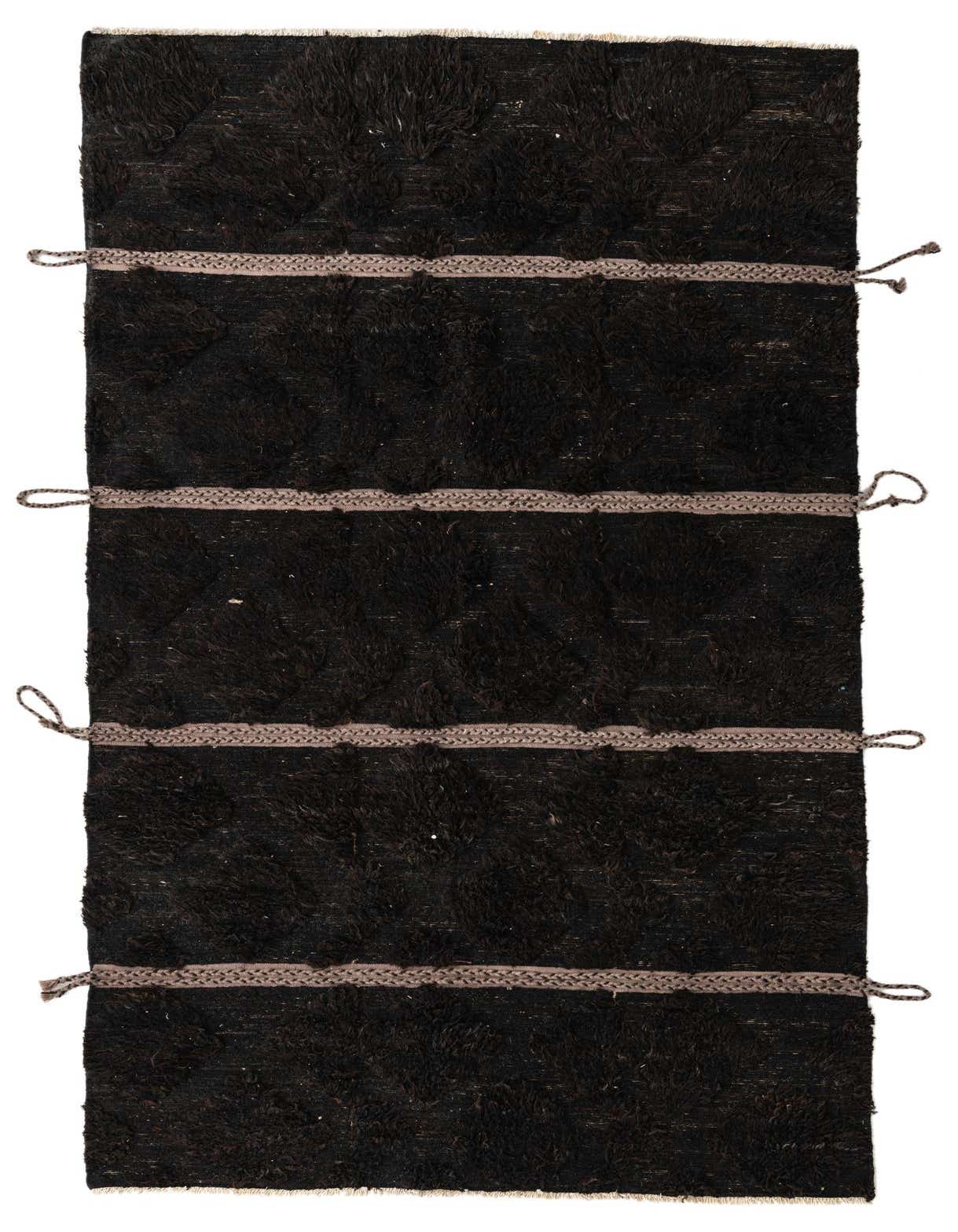 A 5x8 rectangular brown shag rug with tan braided stripes and loop details, showcasing a tribal and modern aesthetic.