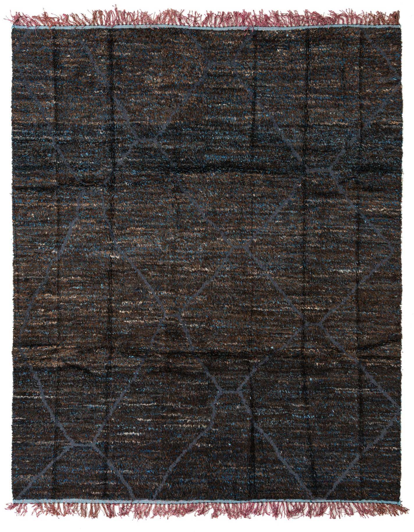 A rectangular 8x10 brown shag rug with subtle blue tribal patterns and red fringe, suitable for a living room.
