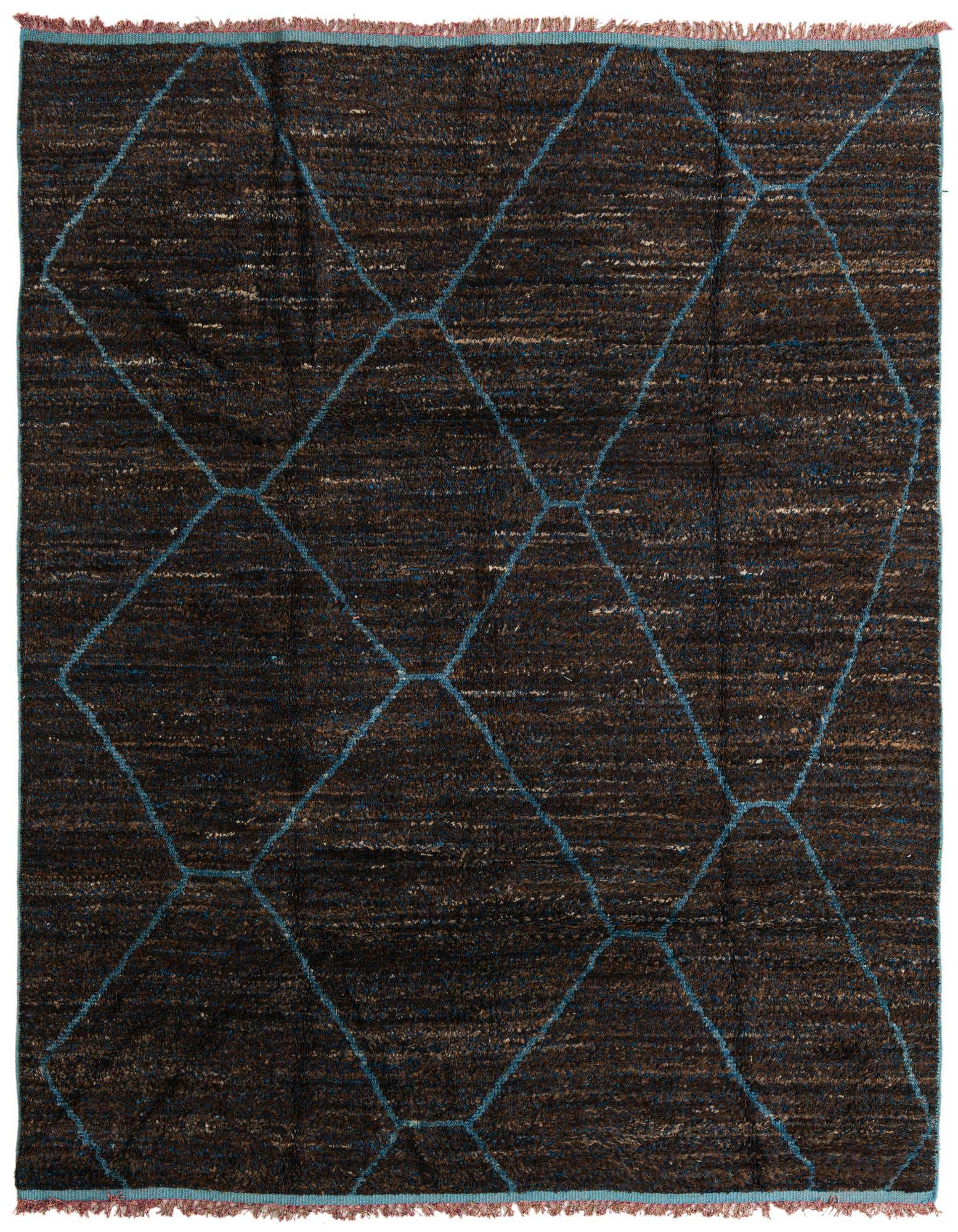 A rectangular 8x10 brown shag rug with a modern tribal diamond pattern in blue, suitable for a living room.