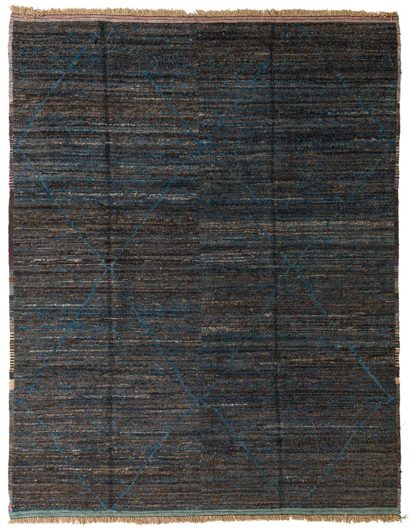 A 9x12 rectangular brown shag rug with subtle blue tribal diamond patterns and fringed edges.