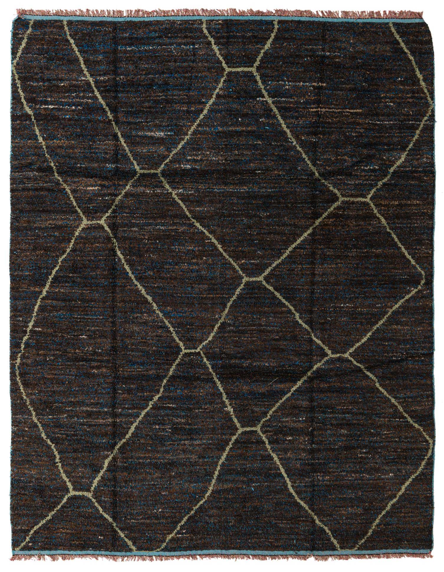 A rectangular 8x10 brown shag rug with an irregular tan diamond tribal pattern, suitable for a living room.