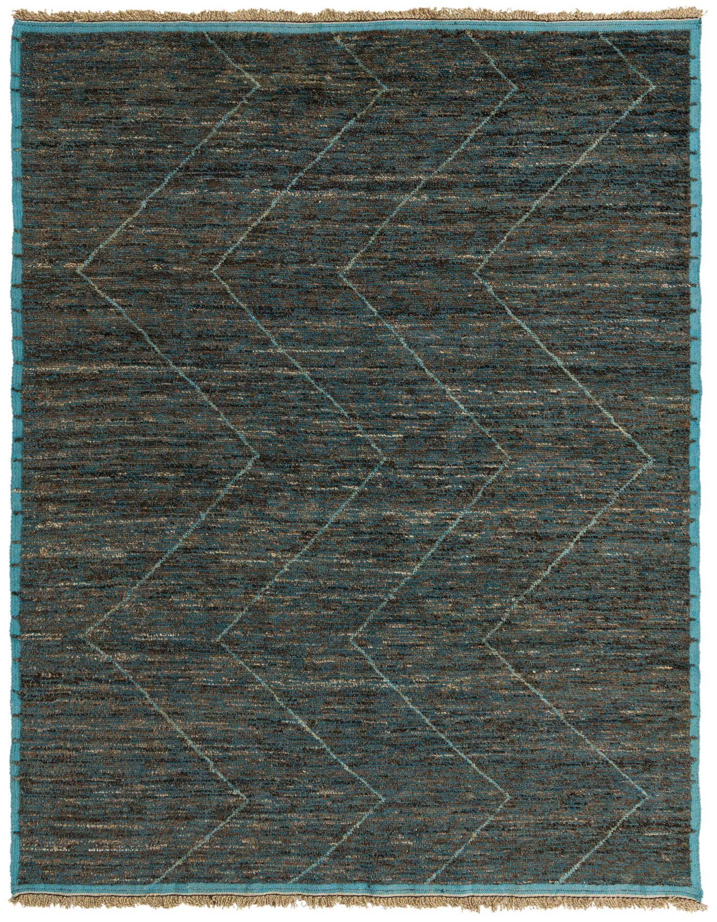 A 9x12 rectangular brown shag rug with a subtle tribal zigzag pattern in lighter tones and a turquoise border.