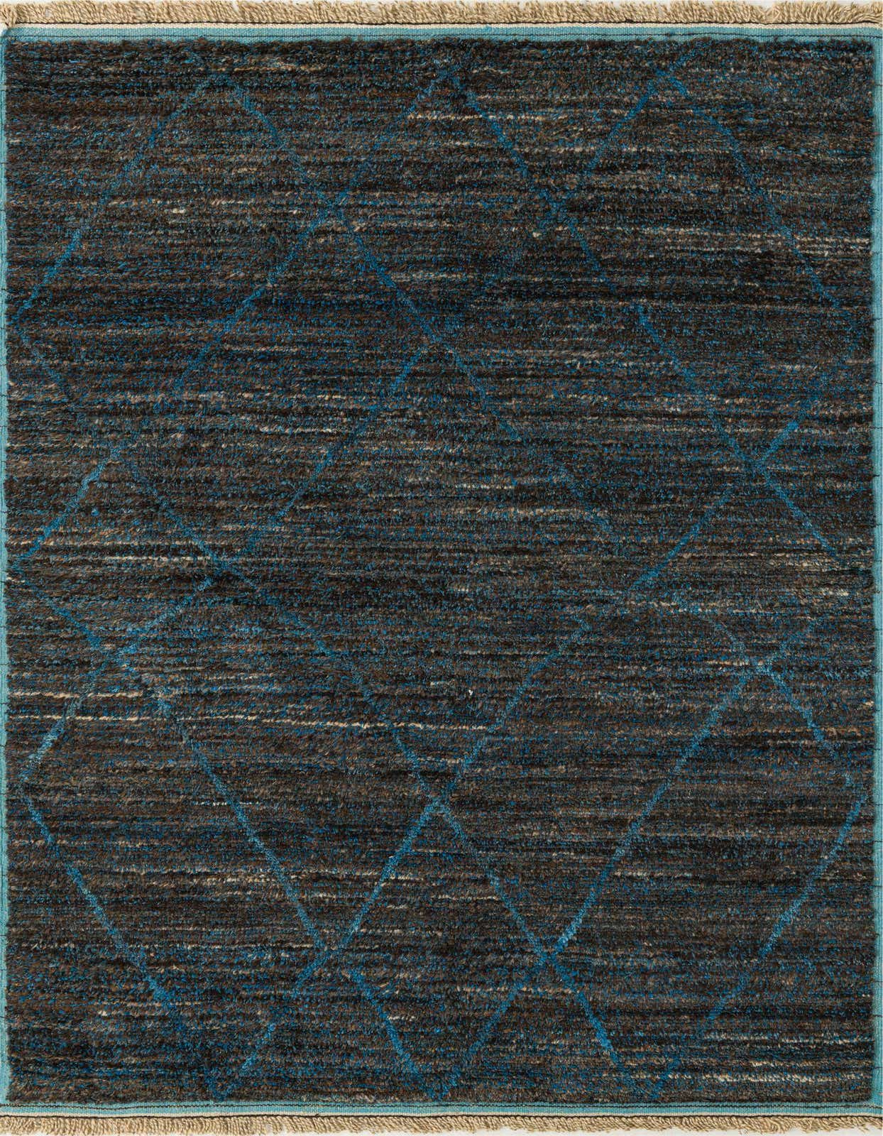A 6x9 rectangular Moroccan shag rug in dark brown and tan with a blue tribal diamond pattern and light blue border.