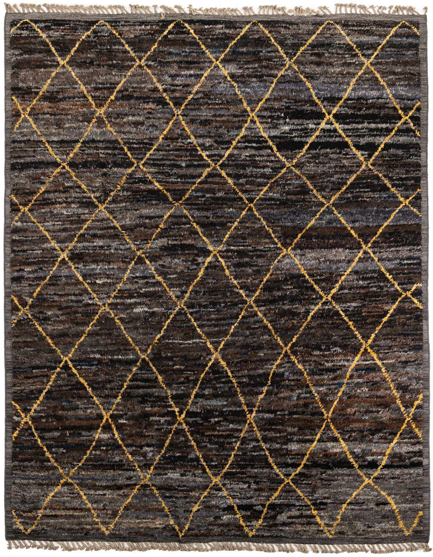 A rectangular 9x11 brown Moroccan shag rug with a modern tribal diamond pattern in gold, suitable for an indoor living space.