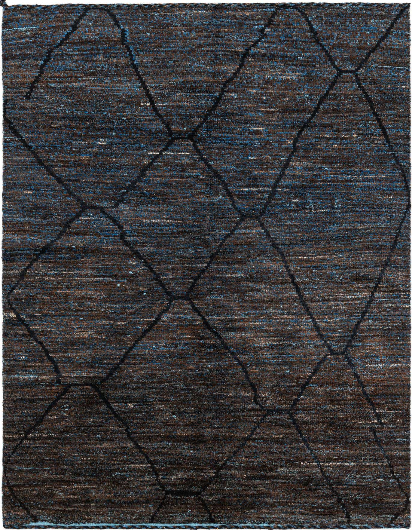 A 6x9 rectangular brown and blue Moroccan shag rug with a dark tribal diamond pattern, ideal for a living room.