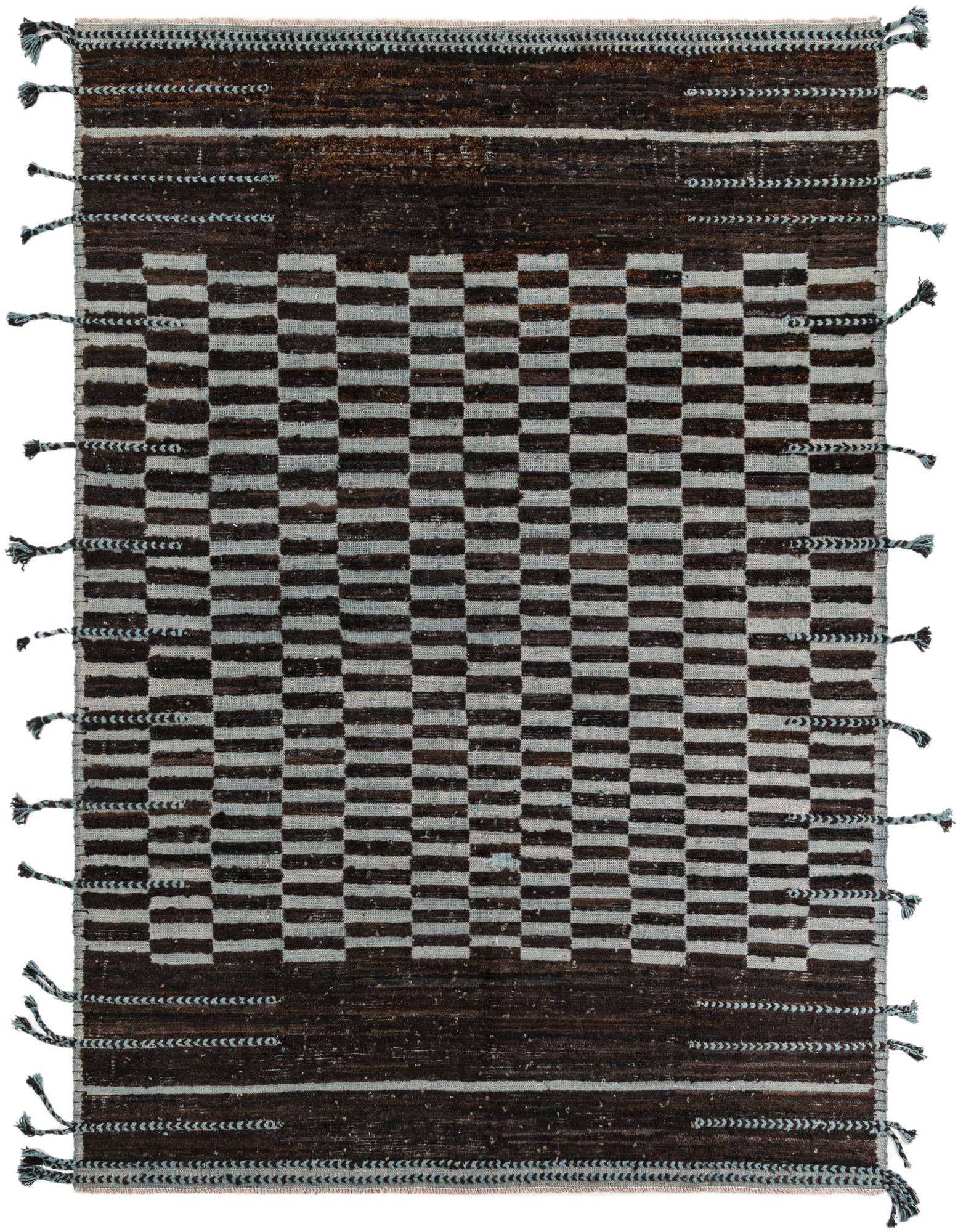 A rectangular 8x10 brown and tan tribal wool shag rug with a modern checkered pattern and braided tassels.