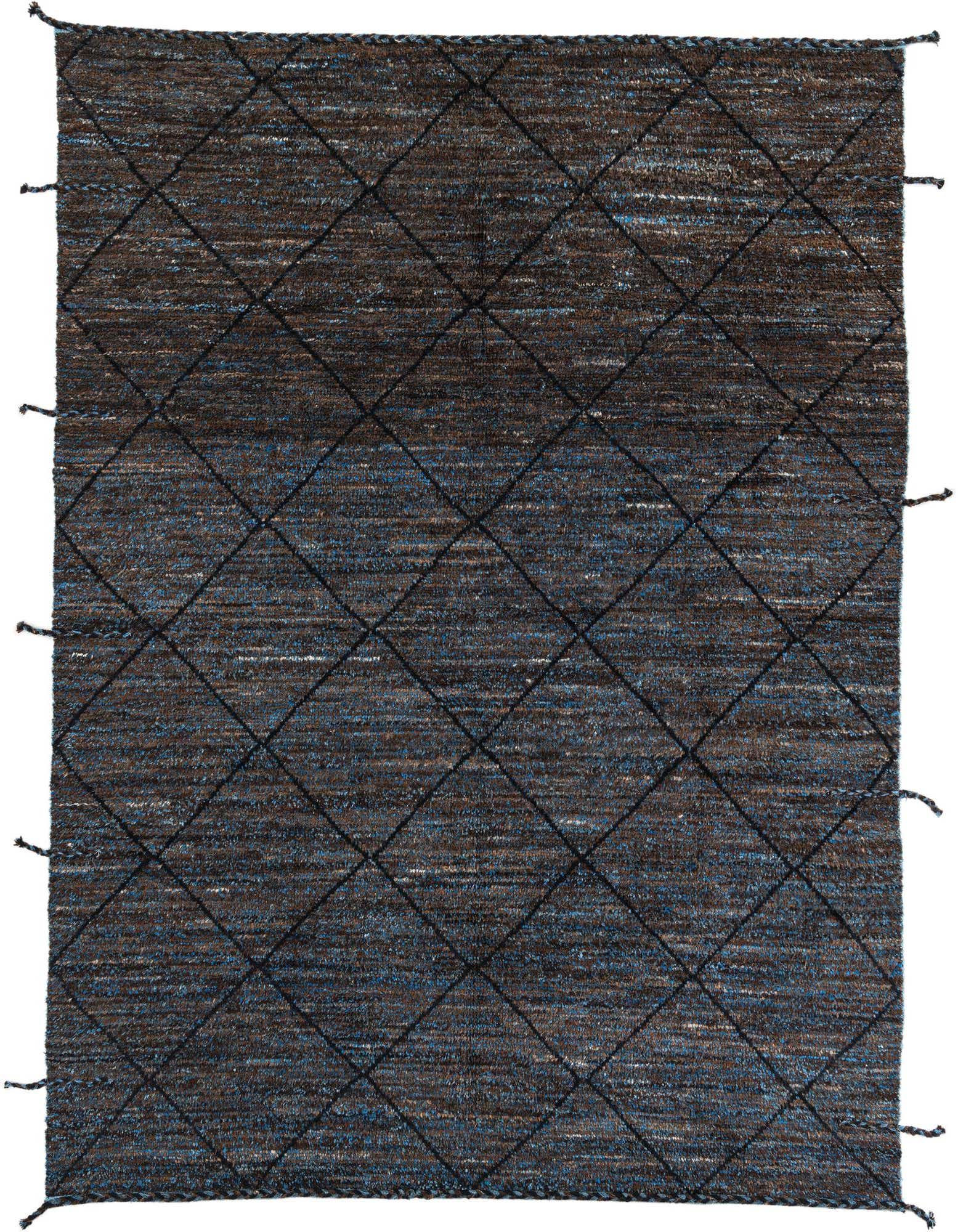 A rectangular 8x10 brown and blue tribal shag rug with a black diamond pattern, ideal for a living room.