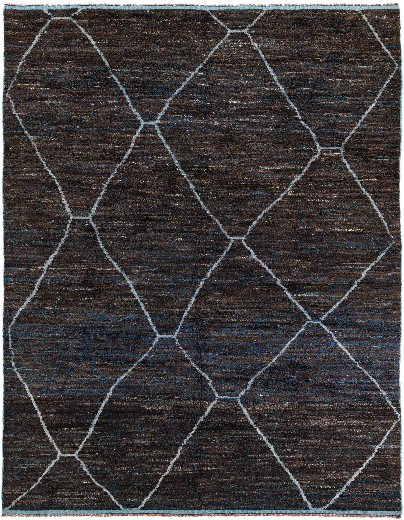 A 10x13 rectangular brown shag rug with a modern tribal diamond pattern in light blue, suitable for a living room.