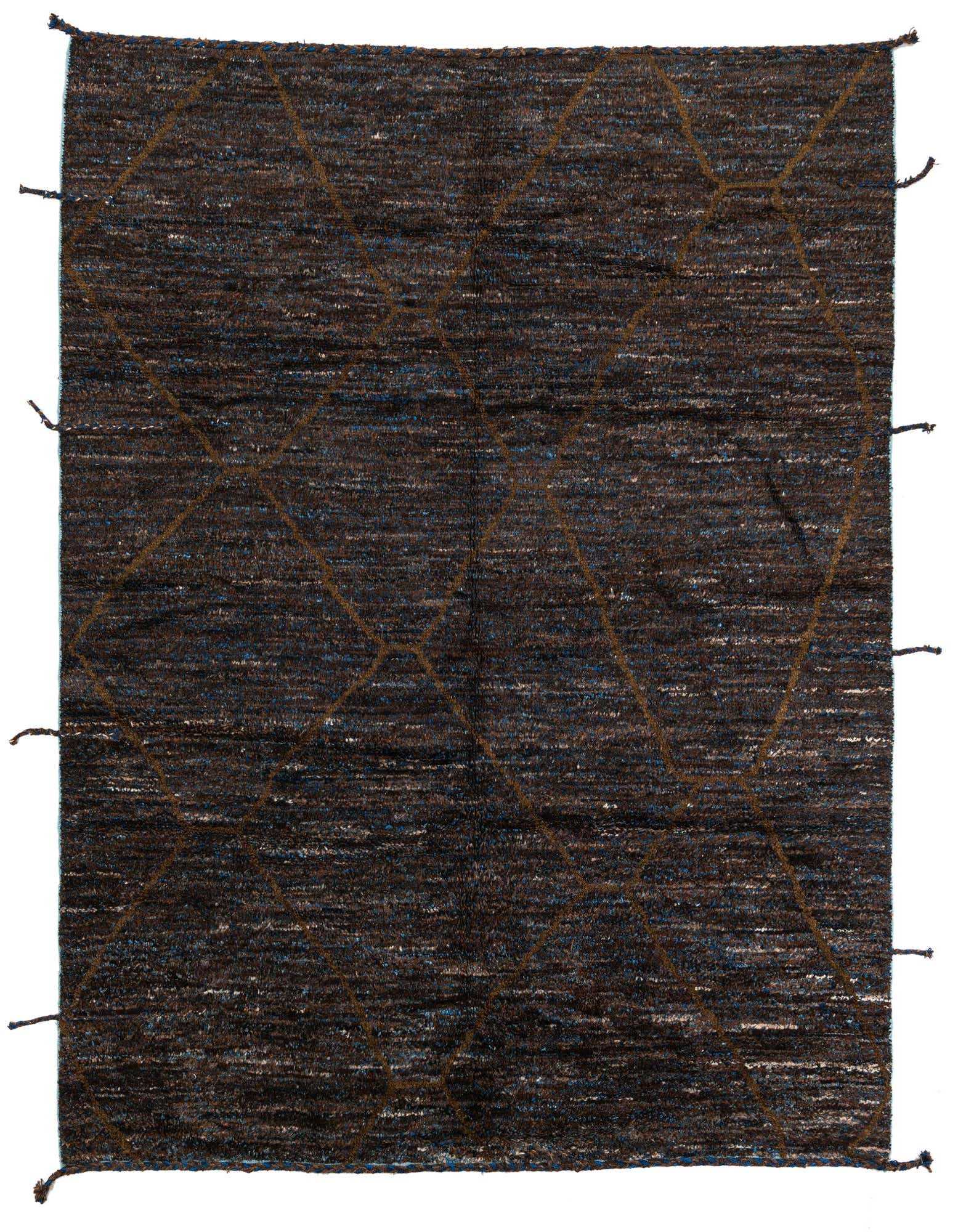 8x10 rectangular brown shag rug with subtle tan diamond tribal patterns, handmade from wool, ideal for a living room.