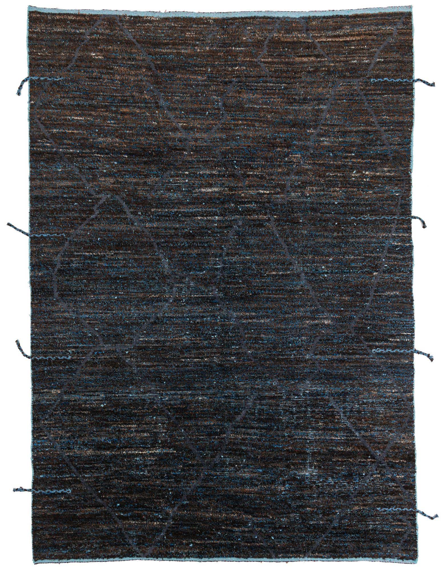 A rectangular 8x10 Moroccan shag rug featuring a tribal pattern in varying shades of brown and tan.