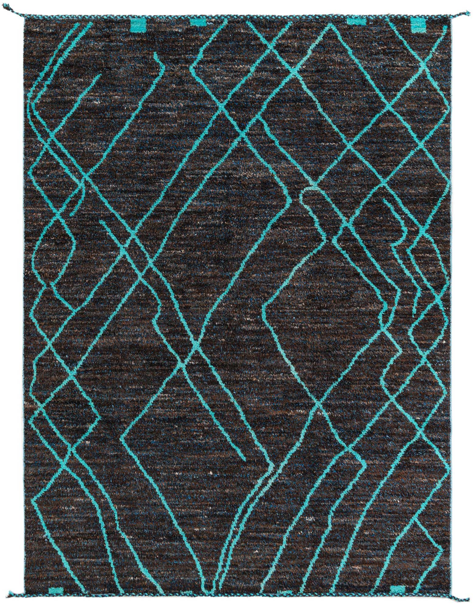 A rectangular 8x10 brown shag rug with a modern tribal pattern of intersecting teal lines, perfect for a living room.