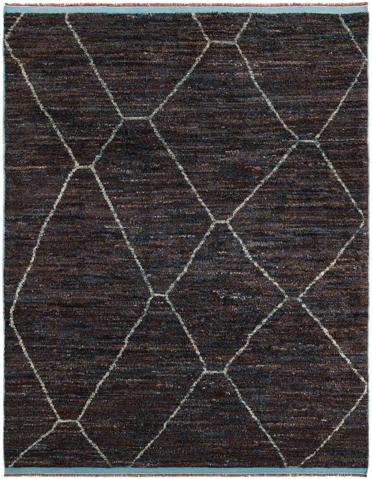 A rectangular 8x11 brown shag rug with a light-colored tribal geometric pattern, suitable for a living room.