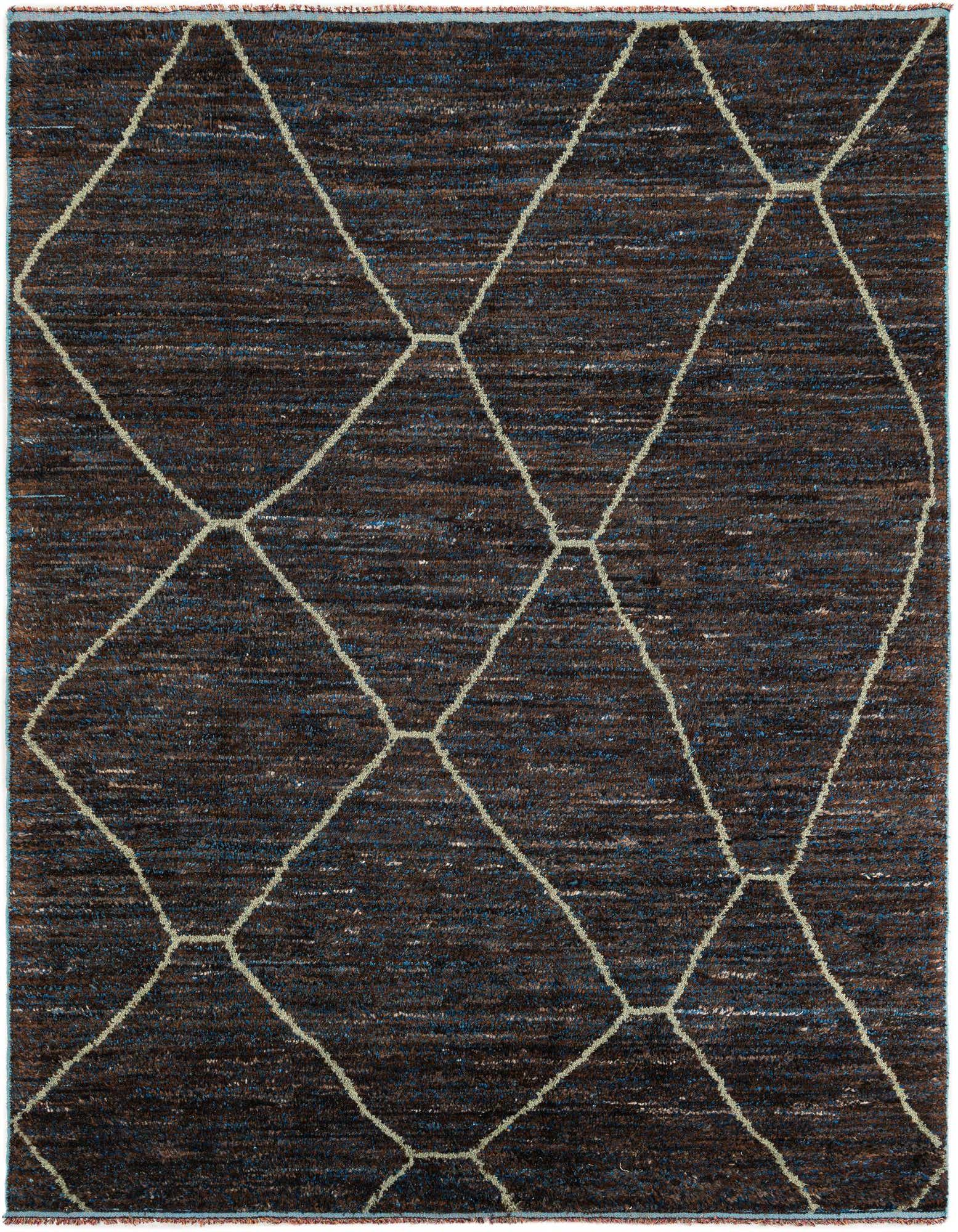 A rectangular 8x10 brown shag rug with a light tan tribal geometric pattern, suitable for a living room.