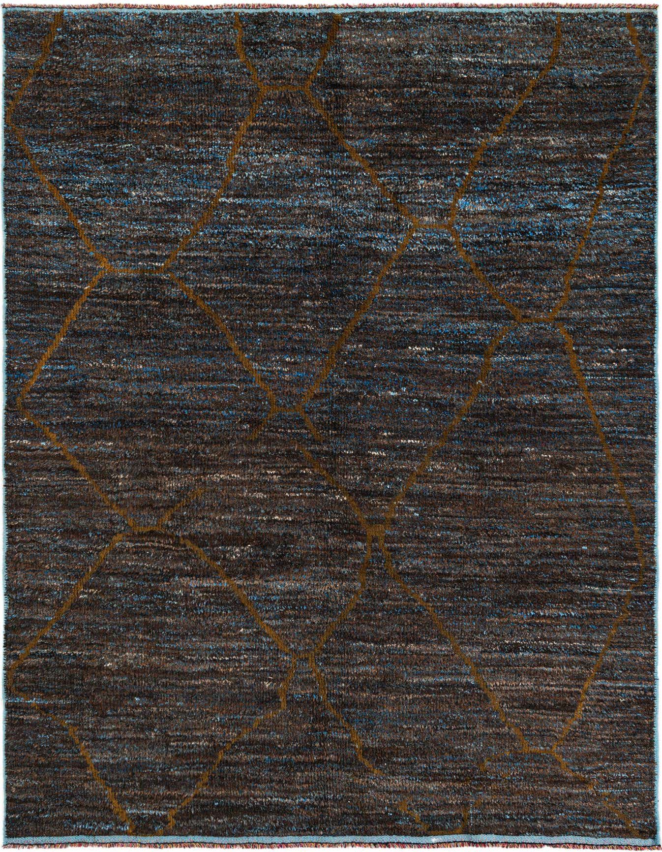 A 6x9 rectangular brown and blue shag rug with a subtle tan tribal diamond pattern, perfect for a living room.