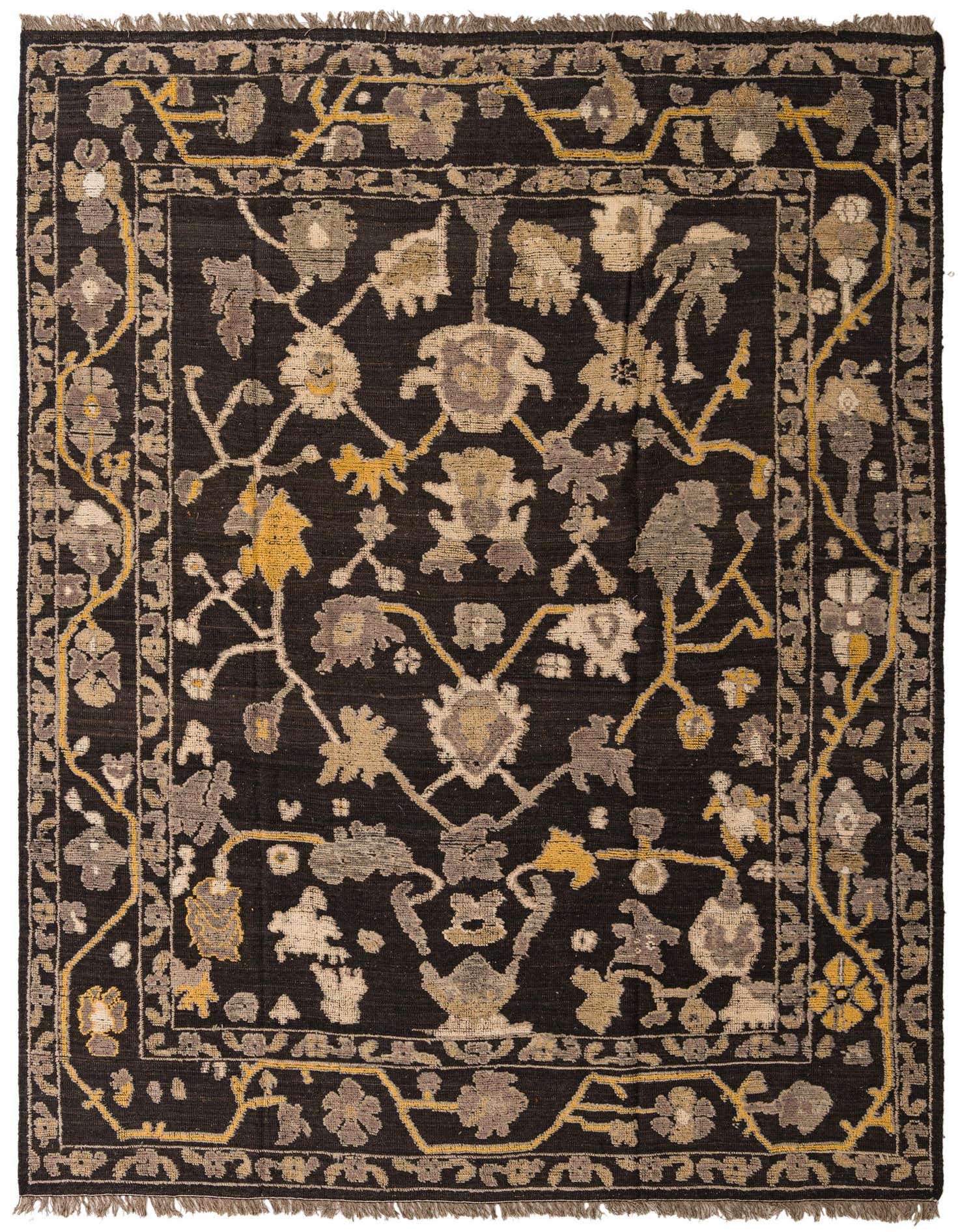 A 9x12 rectangular Oushak rug with a dark brown background and a modern floral pattern in tan, grey, and golden yellow.