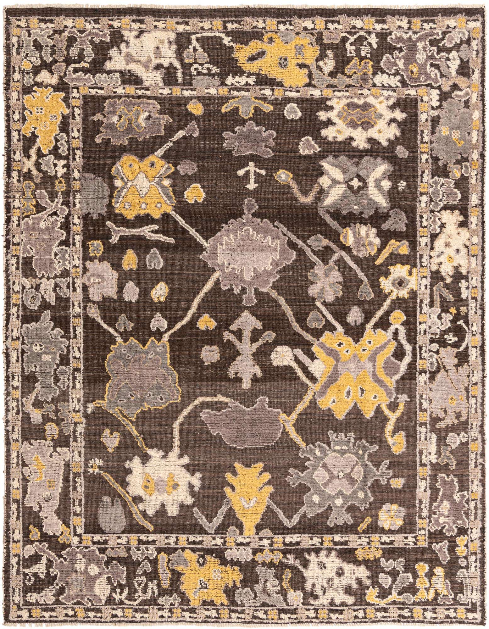 A rectangular 8x10 brown Oushak rug with a modern floral pattern in tan, grey, and yellow, suitable for a living room.