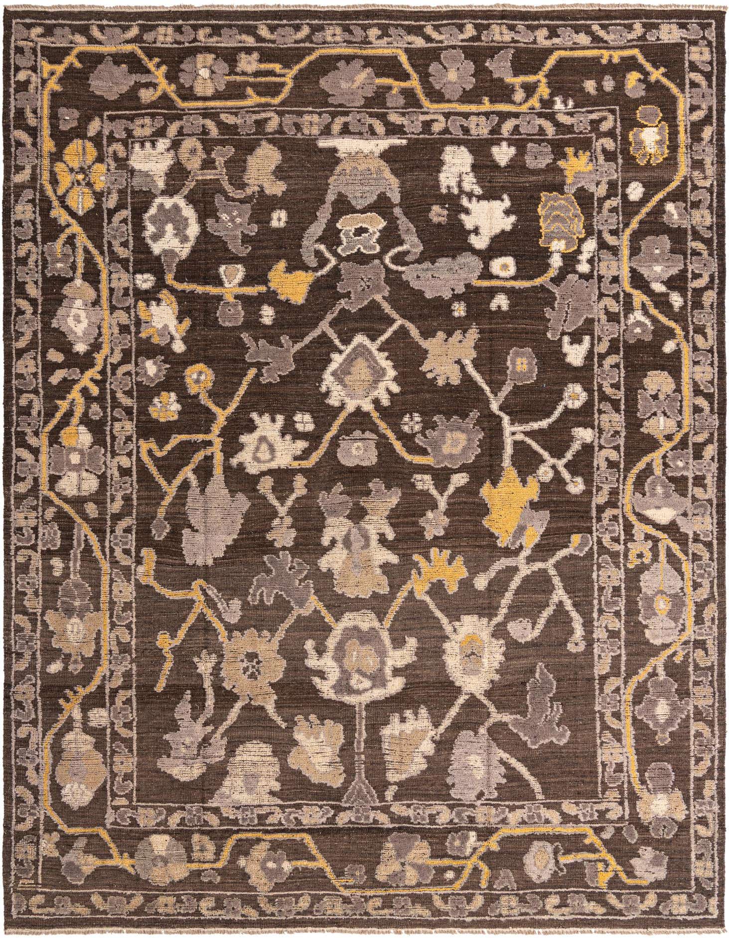 A 9x12 rectangular Oushak rug with a modern floral and vine pattern in shades of brown, tan, and gold.