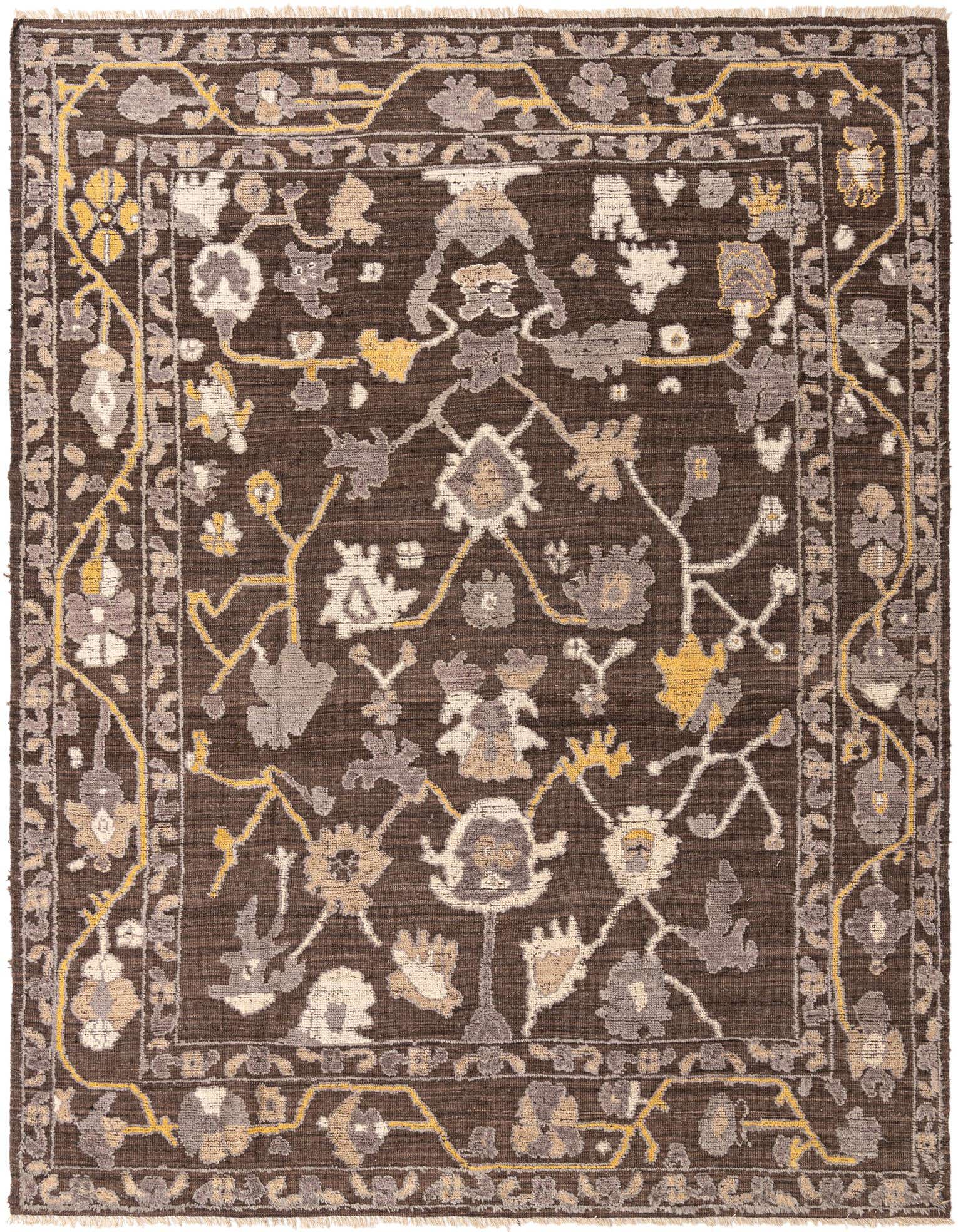 A 9x12 rectangular Oushak rug in brown with a modern floral and vine pattern in tan, grey, and yellow.