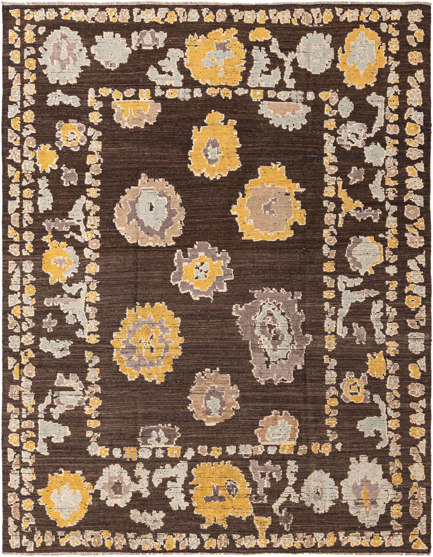 A 9x12 rectangular Oushak rug with a dark brown background and abstract floral patterns in yellow, tan, and light blue.
