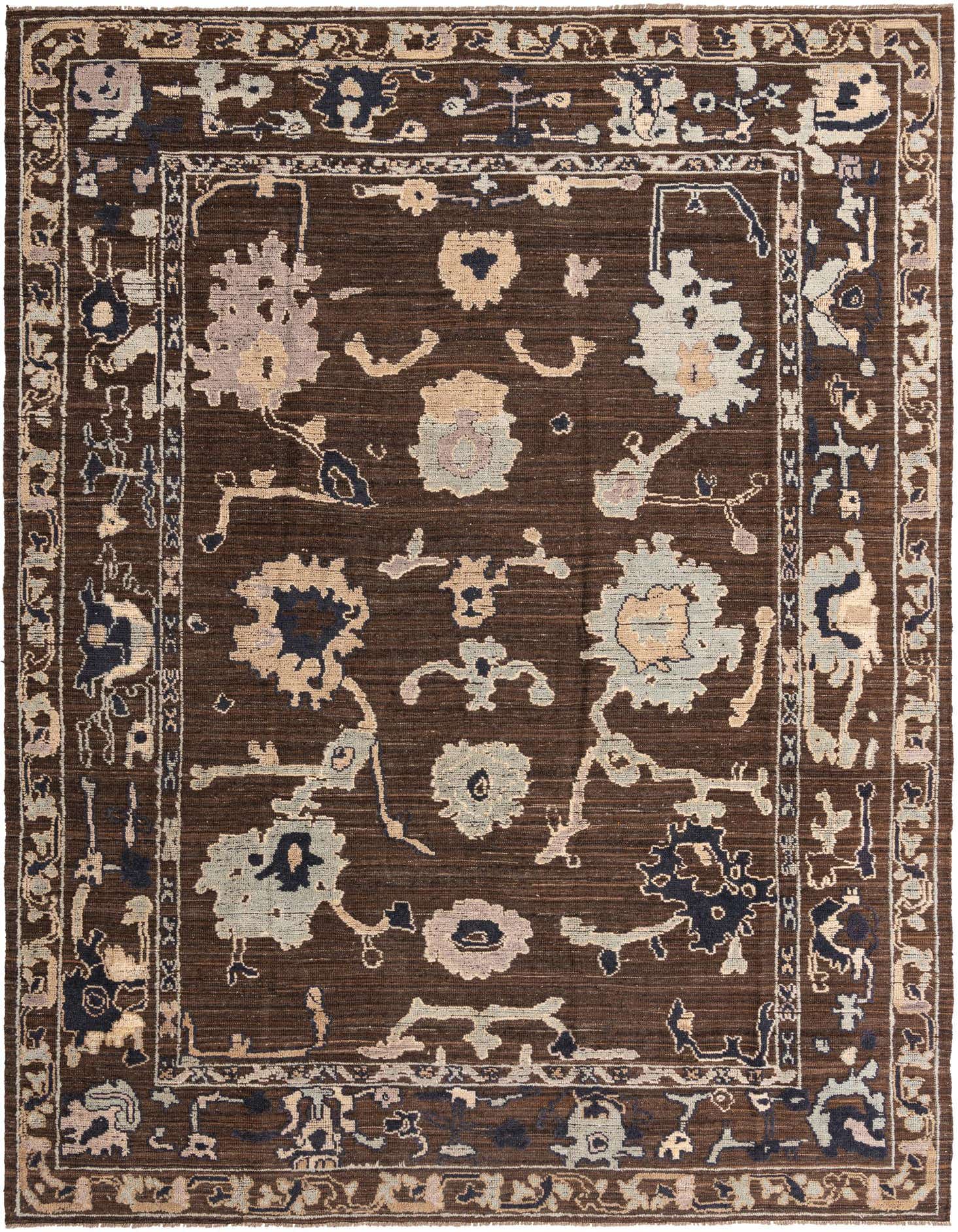 A 10x14 rectangular brown Oushak rug with a modern floral pattern in tans, blues, and creams, suitable for a living room.
