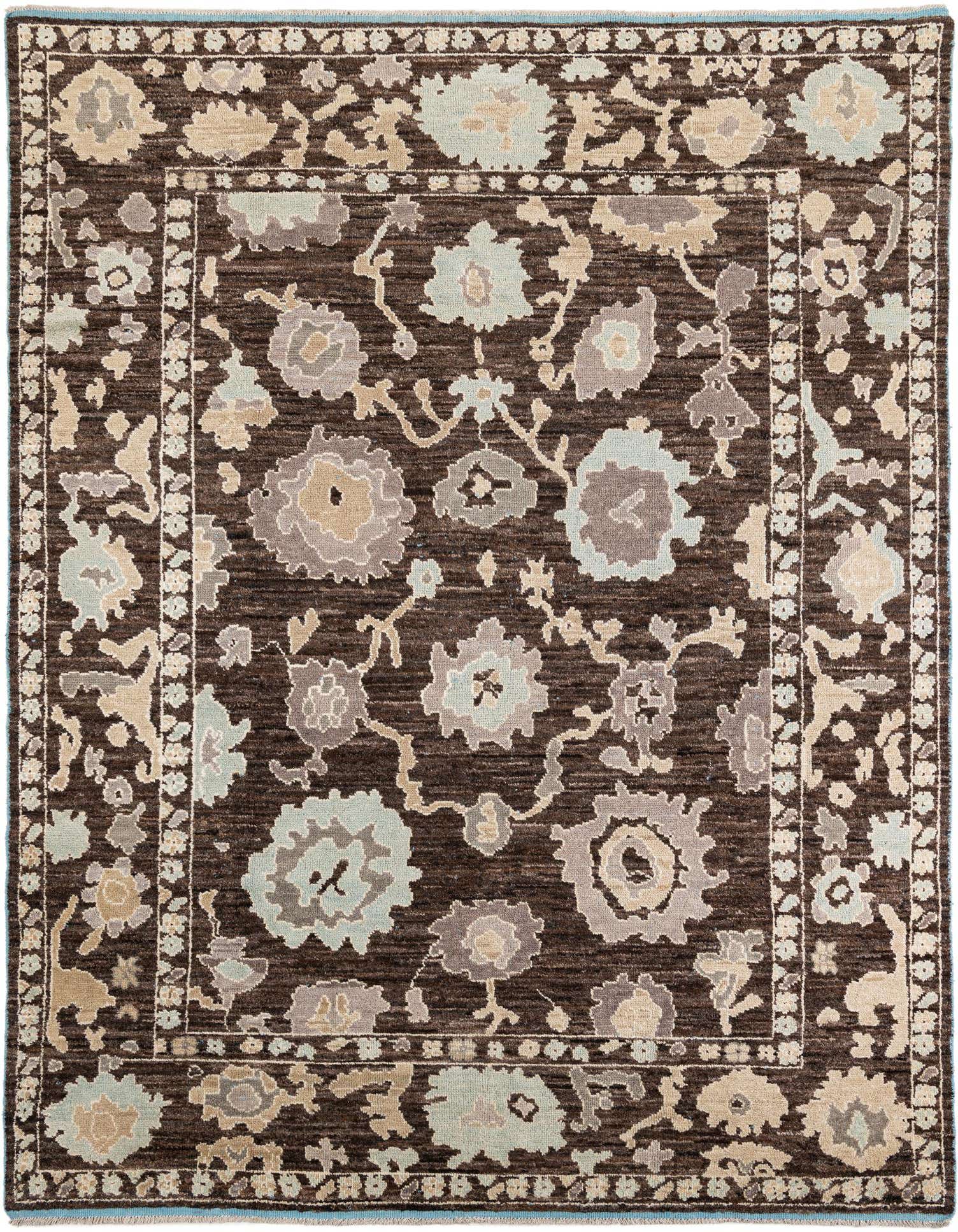 A 9x12 rectangular Oushak rug with a dark brown background and a modern floral pattern in light blue, tan, and grey.