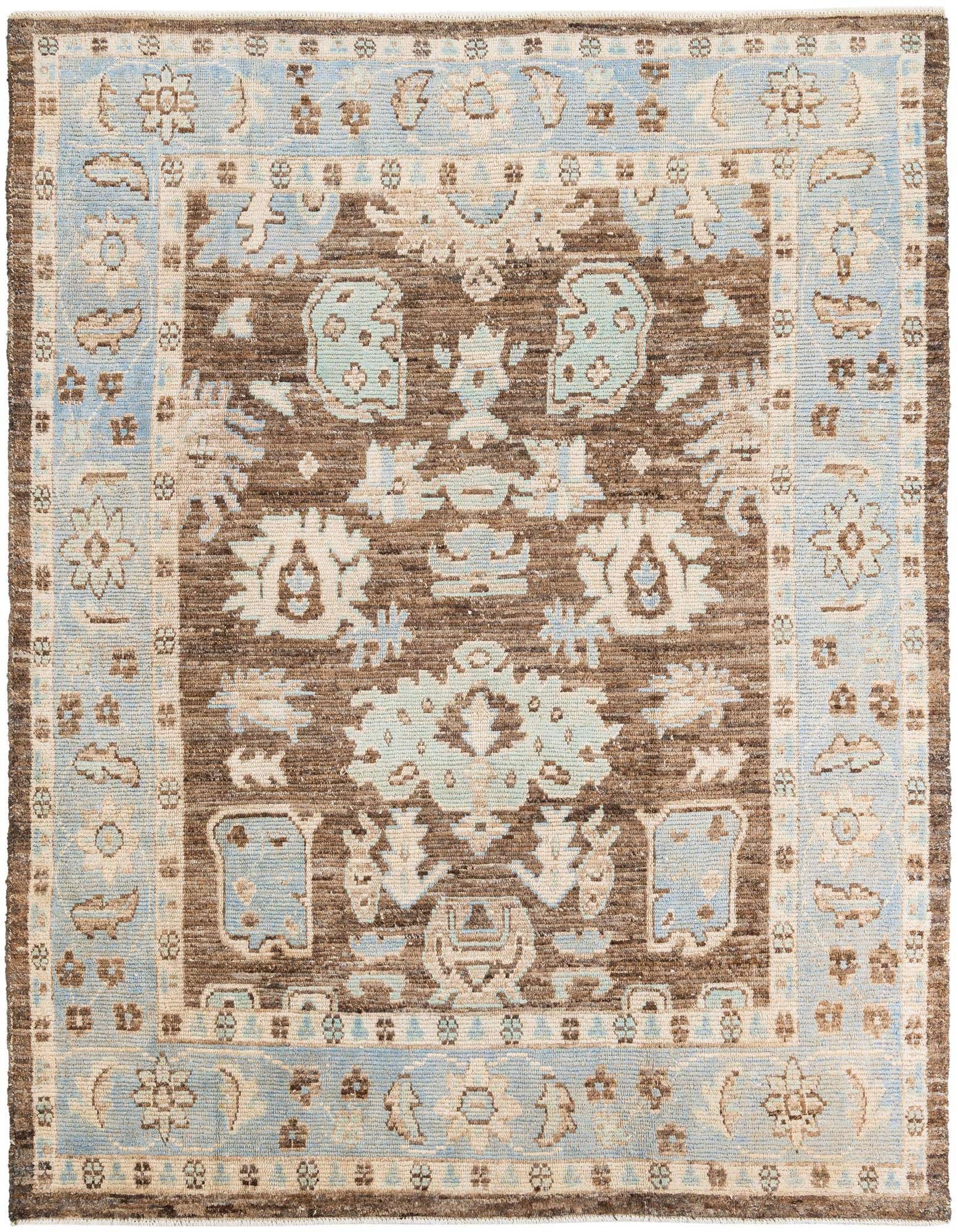 A rectangular 8x10 Oushak rug featuring a modern medallion pattern in shades of brown, tan, and light blue, suitable for a living room.