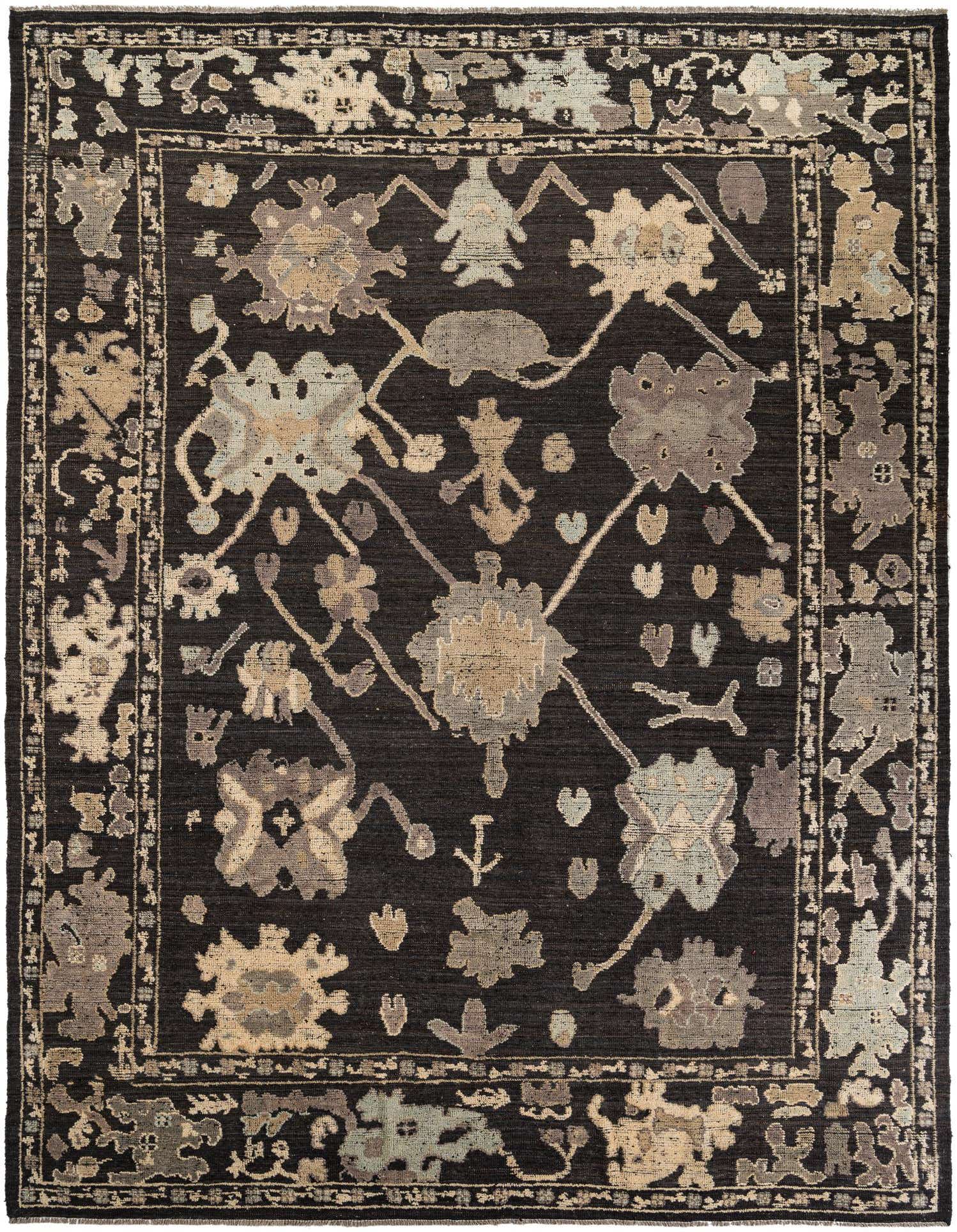 A 10x14 rectangular Oushak rug in brown with modern tan and light blue floral patterns and a decorative border.