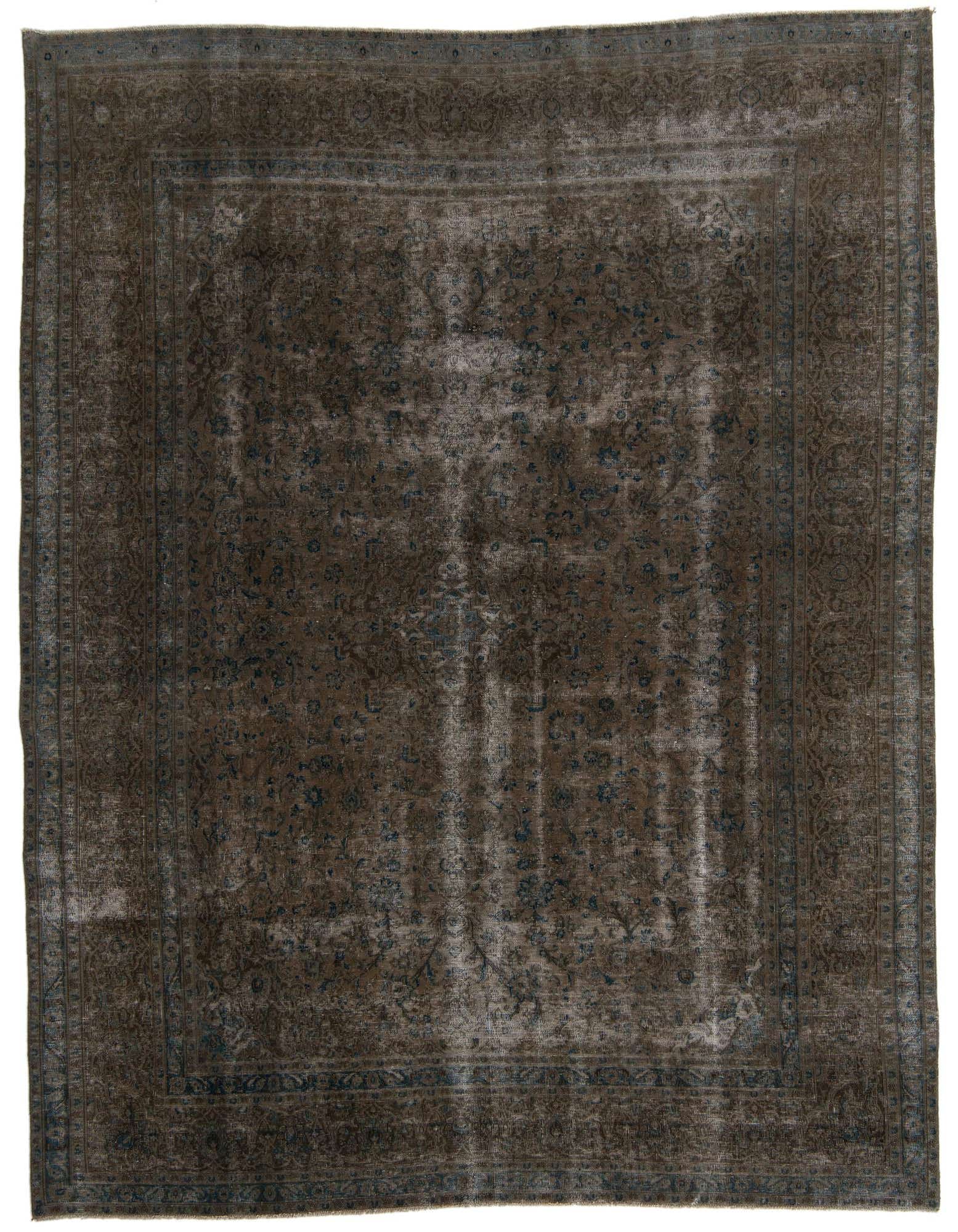 A 10x12 rectangular Ultra Vintage wool rug in shades of brown and tan, featuring a faded Persian medallion pattern with hints of blue, suitable for an indoor living space.