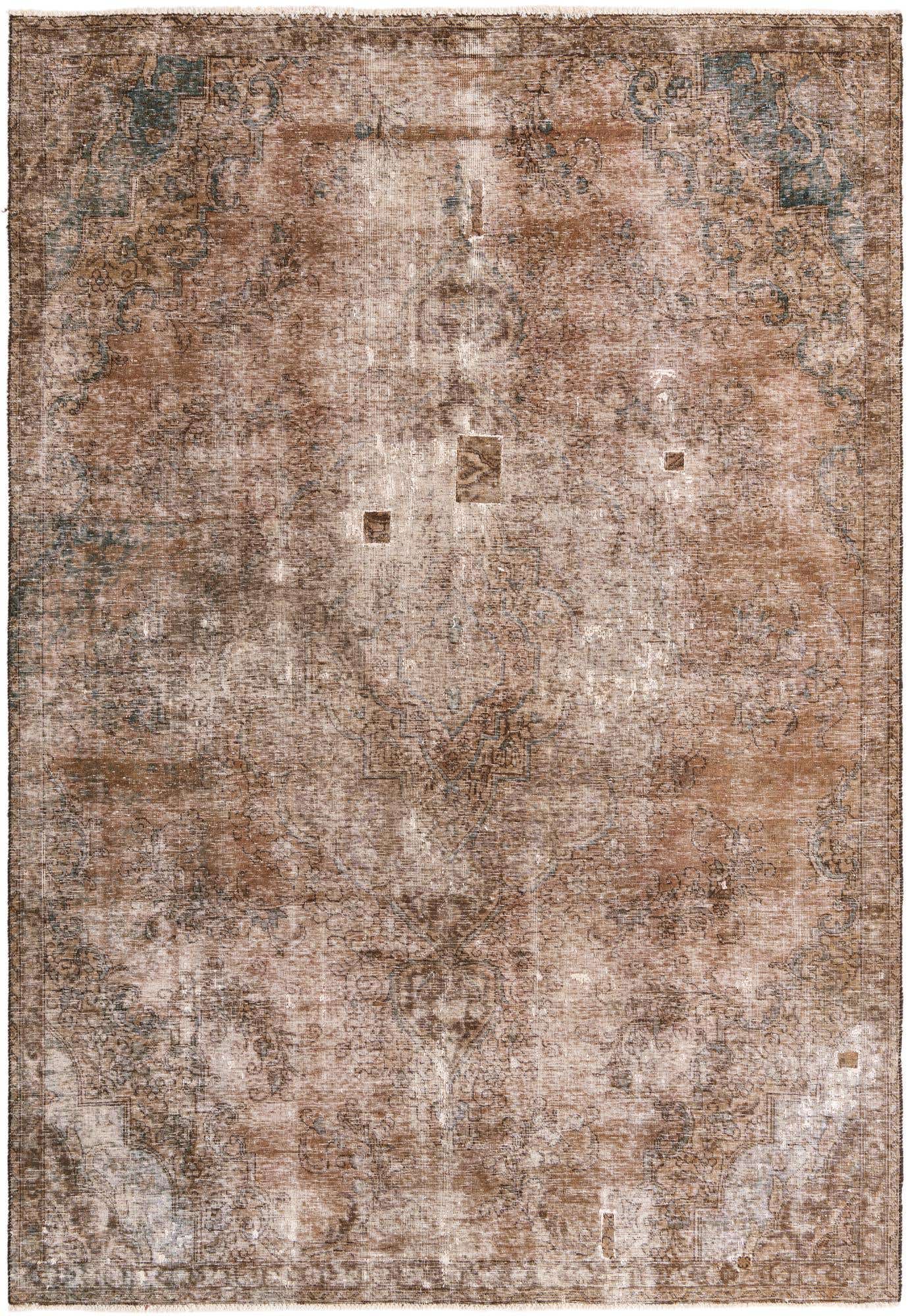 A 7x10 rectangular Ultra Vintage wool rug in shades of brown and tan with a distressed Persian medallion pattern.