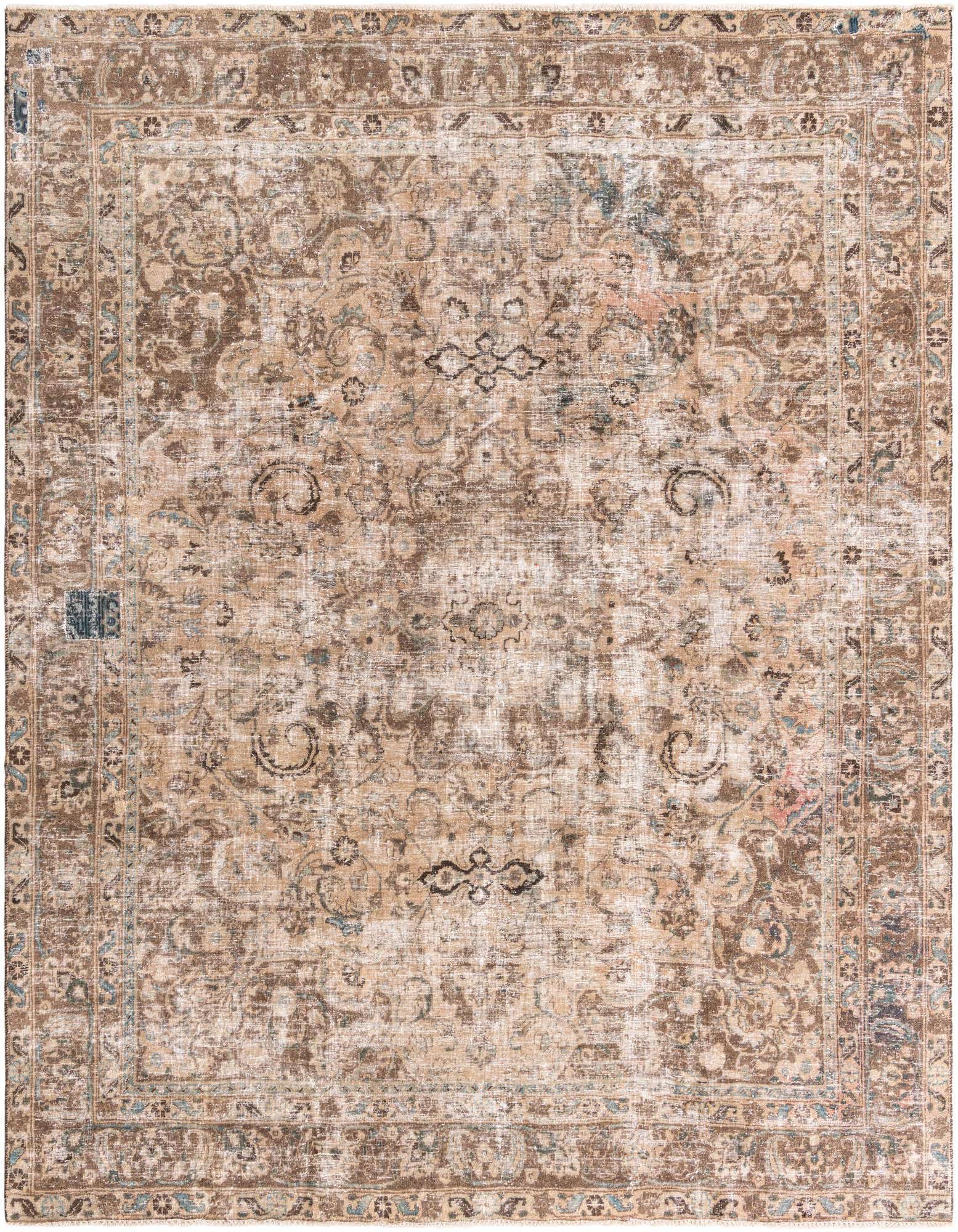 A 10x12 rectangular Ultra Vintage rug in browns and tans with a distressed Persian medallion pattern.