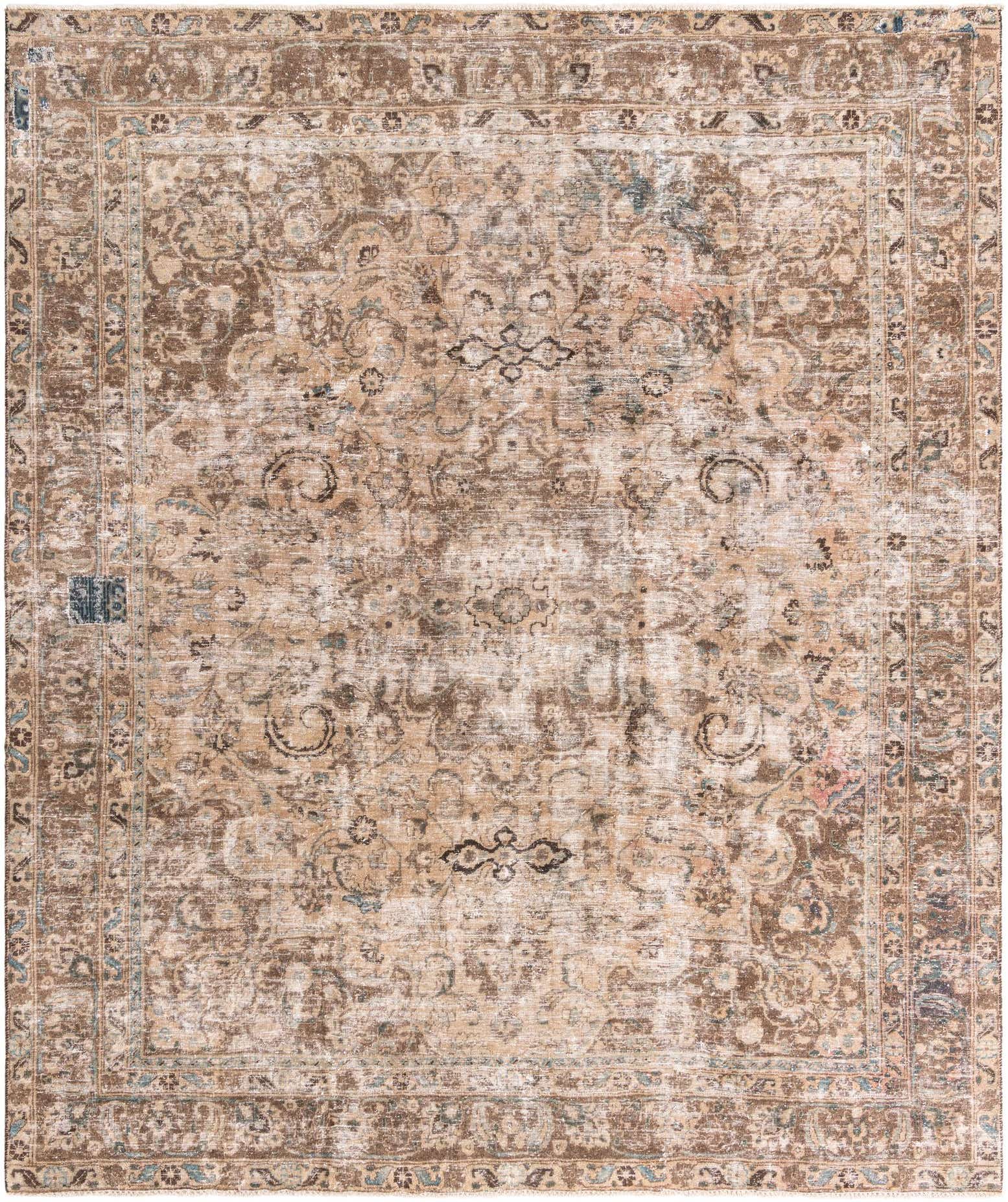 A 10x12 rectangular Ultra Vintage rug in browns and tans with a distressed Persian medallion pattern.