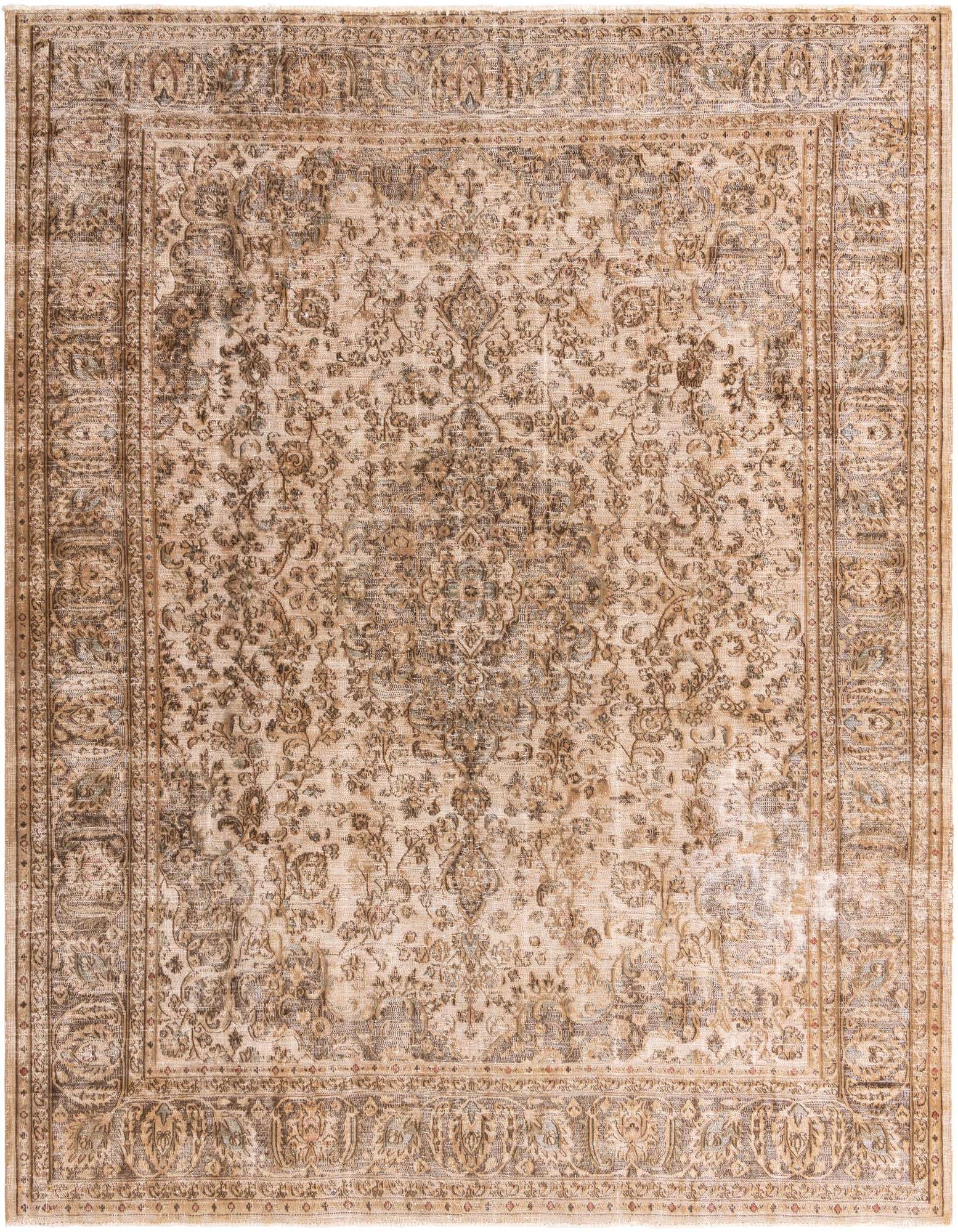A 10x12 rectangular Ultra Vintage rug featuring a distressed Persian medallion pattern in browns and tans.