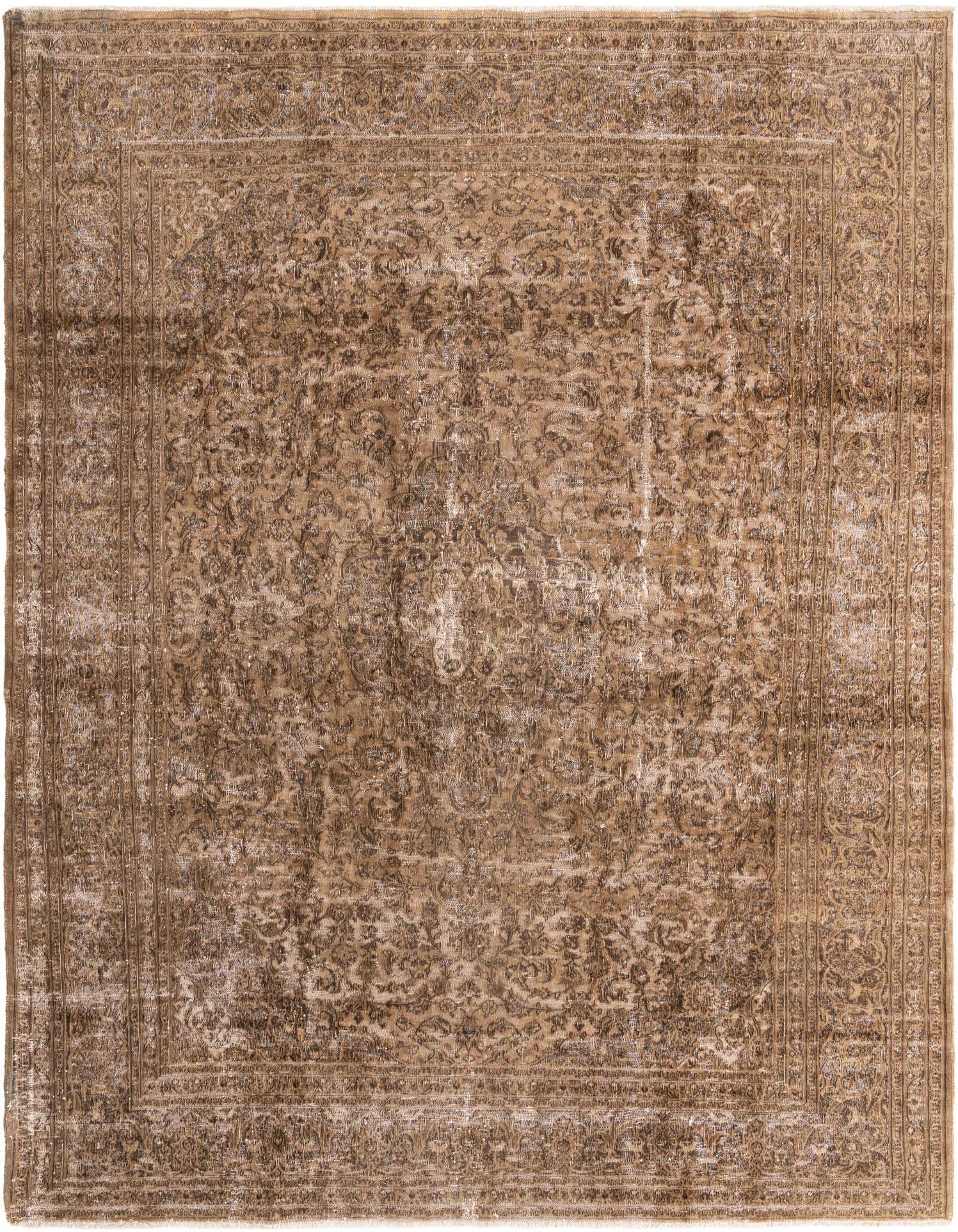 A 10x13 rectangular brown and tan Persian-style wool rug with a distressed medallion pattern, suitable for a living room.