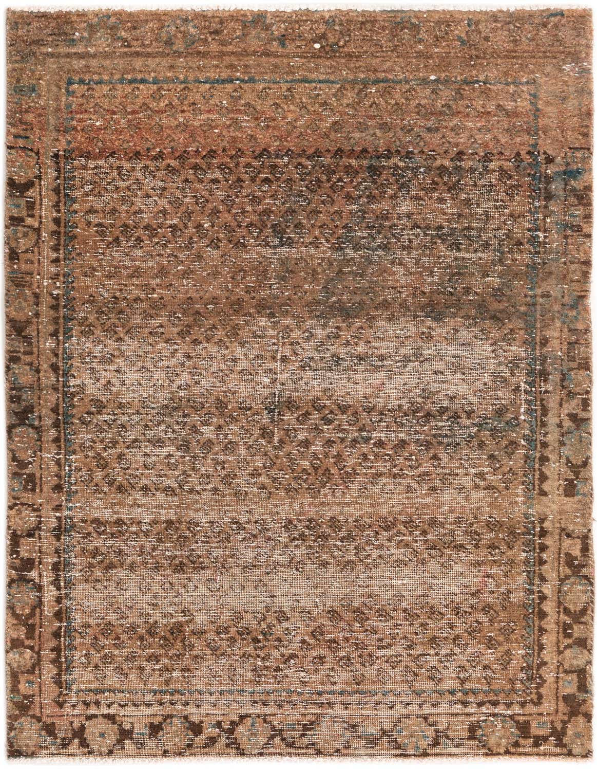 A 4x6 rectangular brown and tan Persian-style wool rug with a distressed vintage pattern, suitable for a living room.