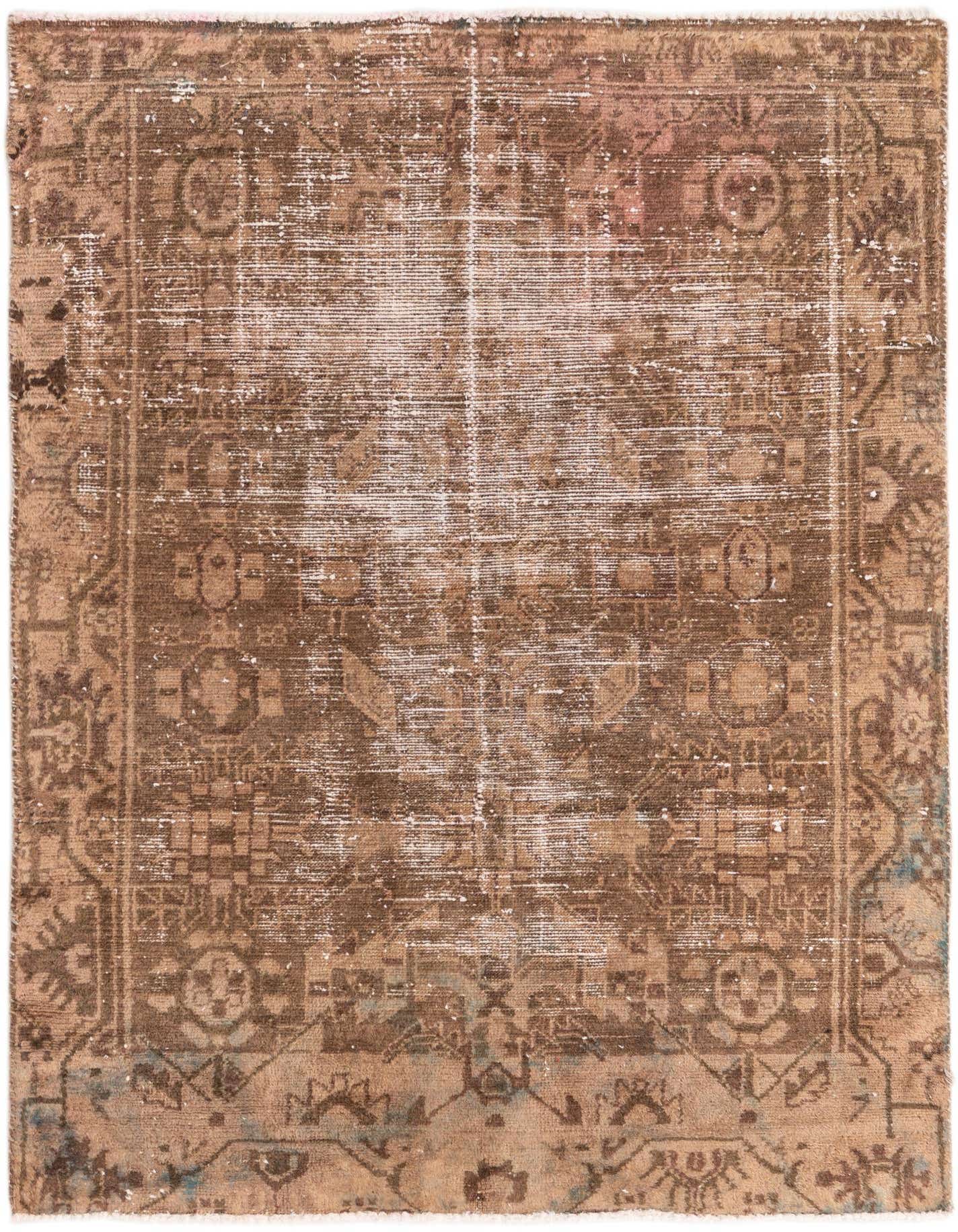 A 3x5 rectangular brown and tan Persian-style wool rug with a distressed, vintage look, featuring intricate patterns and a flat pile.