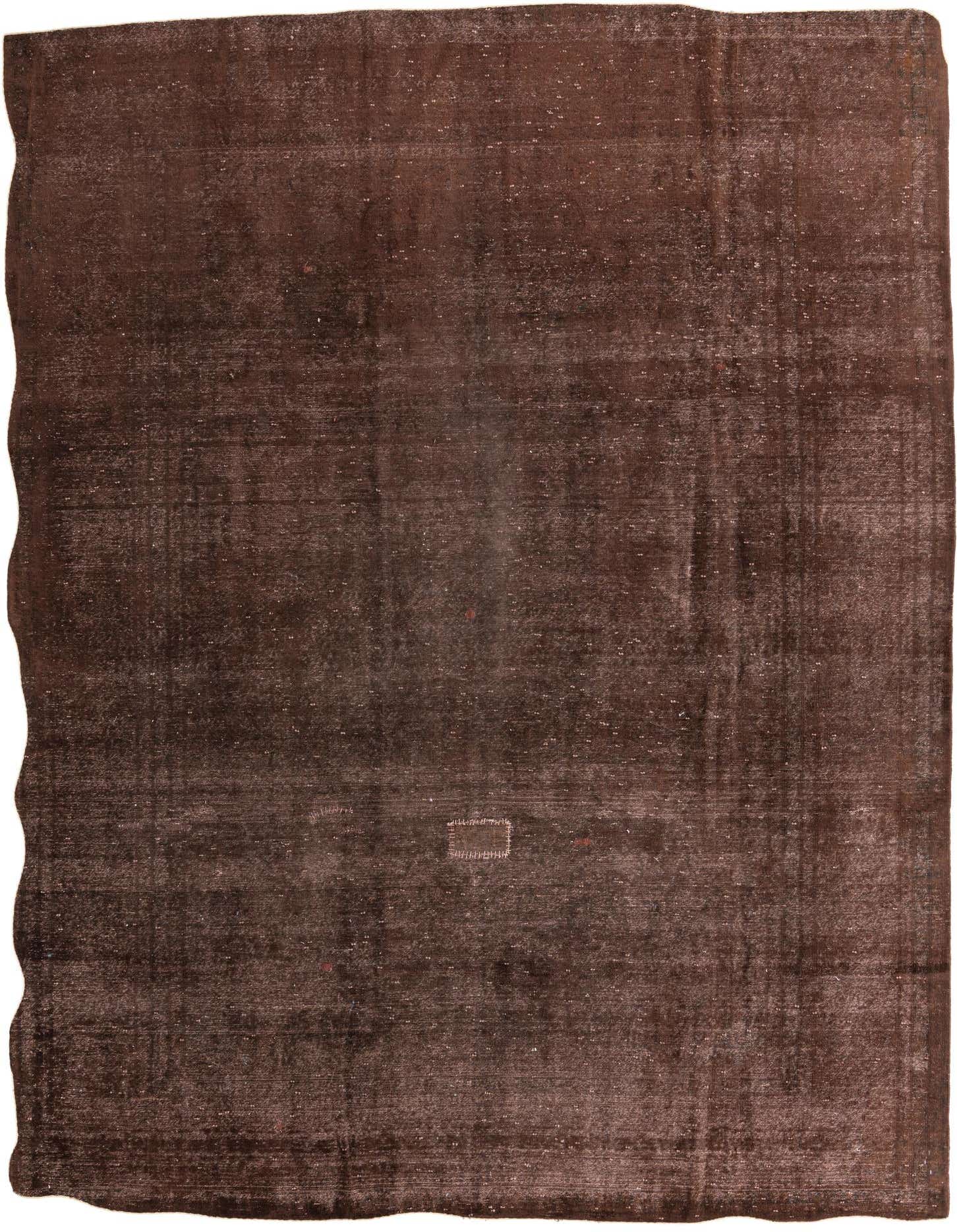 A 10x13 rectangular brown Persian-style wool rug with a distressed vintage look, suitable for a living room.