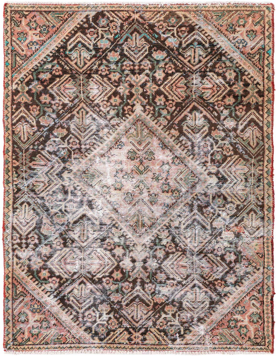 A 4x6 rectangular brown and tan Persian-style wool rug with a distressed vintage look, featuring intricate geometric and floral patterns.