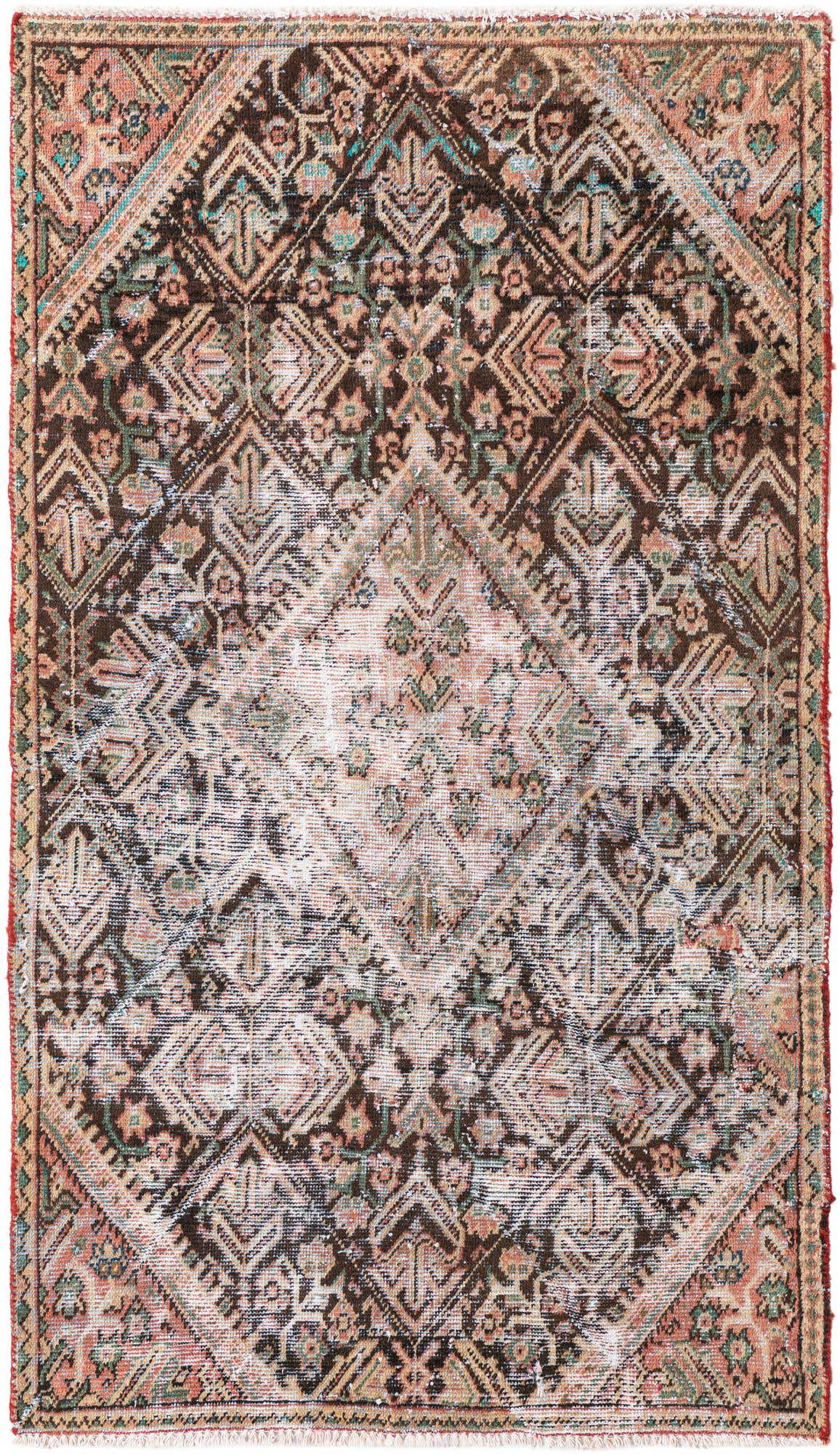 A 4x6 rectangular brown and tan Persian-style wool rug with a distressed vintage look, featuring intricate geometric and floral patterns.