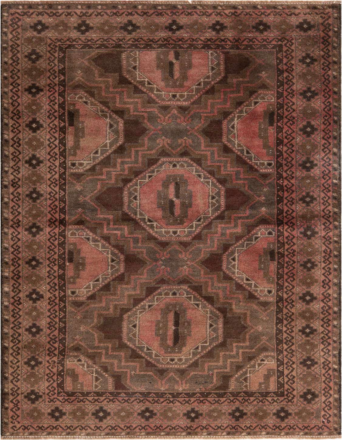 A 4x6 rectangular Ultra Vintage wool rug featuring a distressed Persian pattern in shades of brown, tan, and muted red.