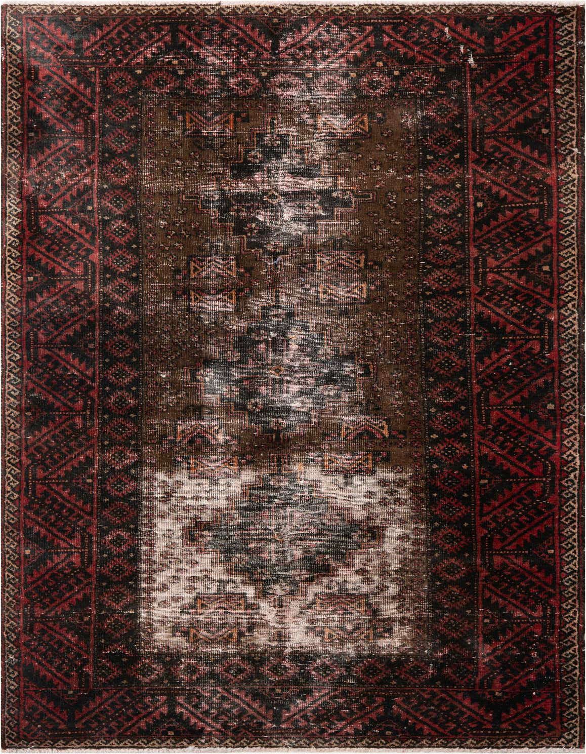 A 4x6 rectangular Ultra Vintage wool rug featuring a distressed Persian medallion pattern in browns, tans, and muted reds.