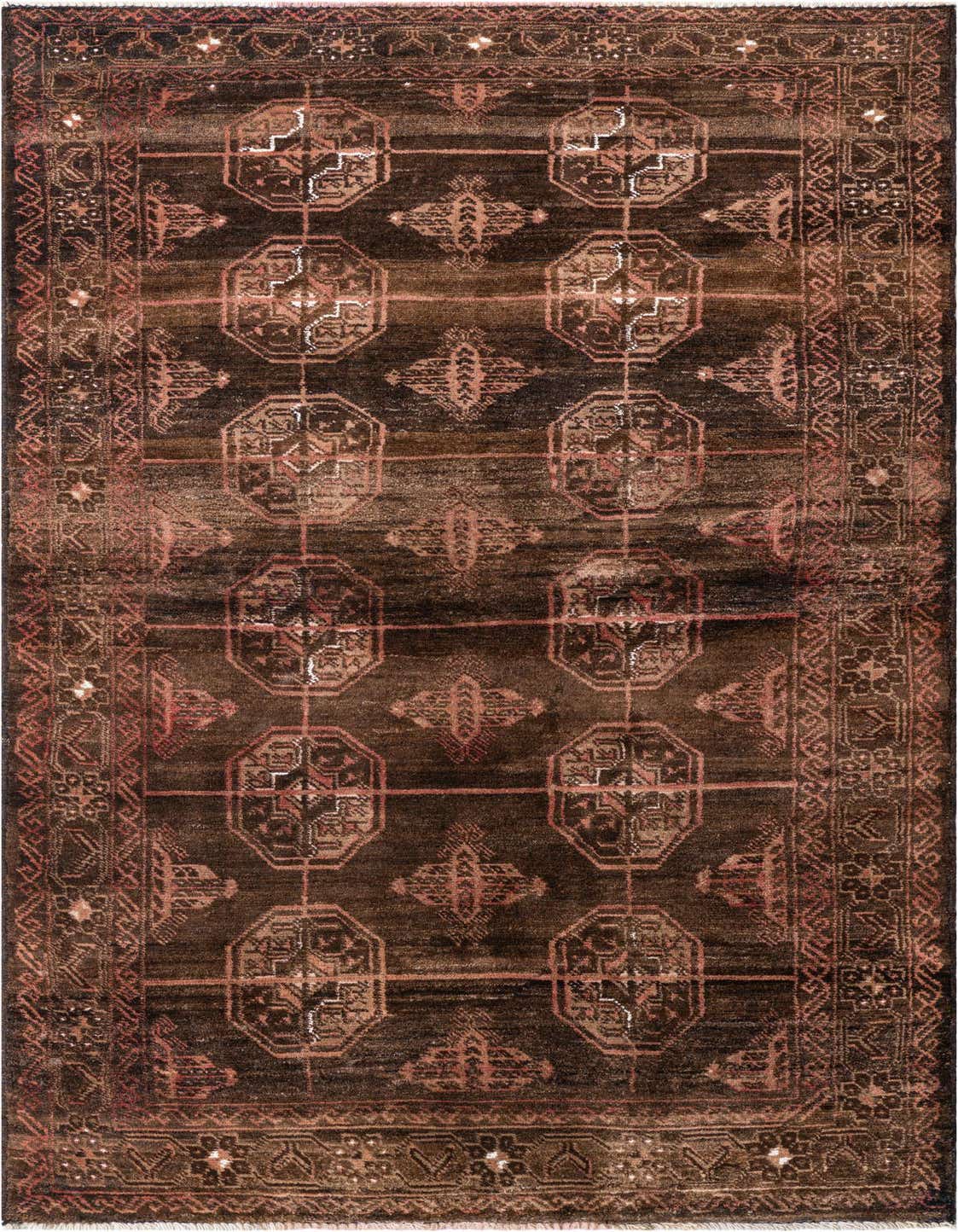 A 4x6 rectangular brown wool rug with a vintage Persian geometric pattern, ideal for a living room.