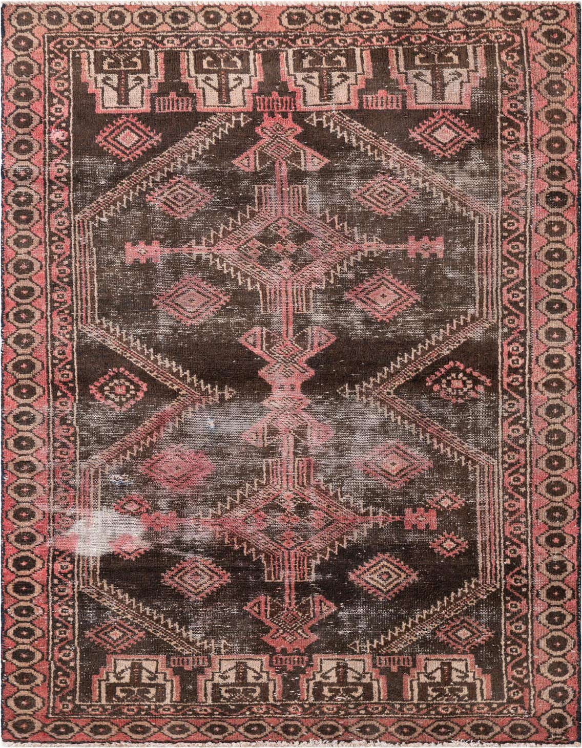 A 4x6 rectangular Ultra Vintage wool rug featuring a distressed brown background with faded pink and tan Persian-style geometric patterns and a decorative border.