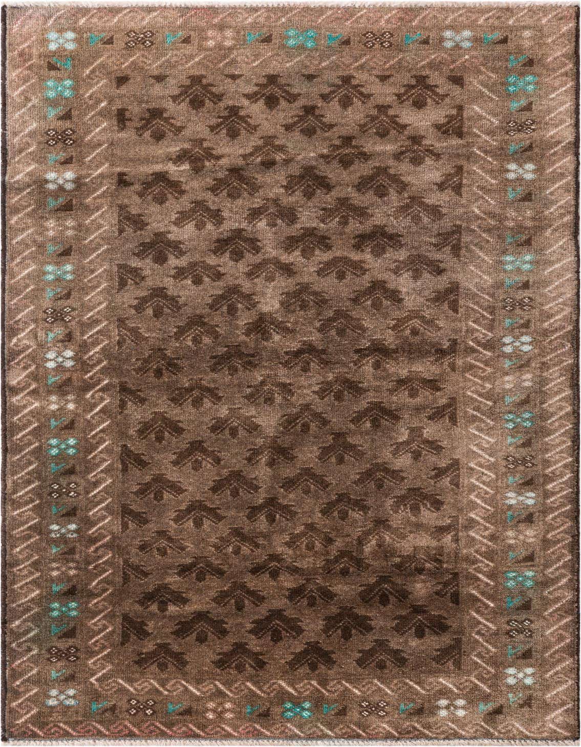 A 4x6 rectangular brown wool rug with a repeating dark brown leaf-like pattern and a border featuring small teal and white floral motifs.