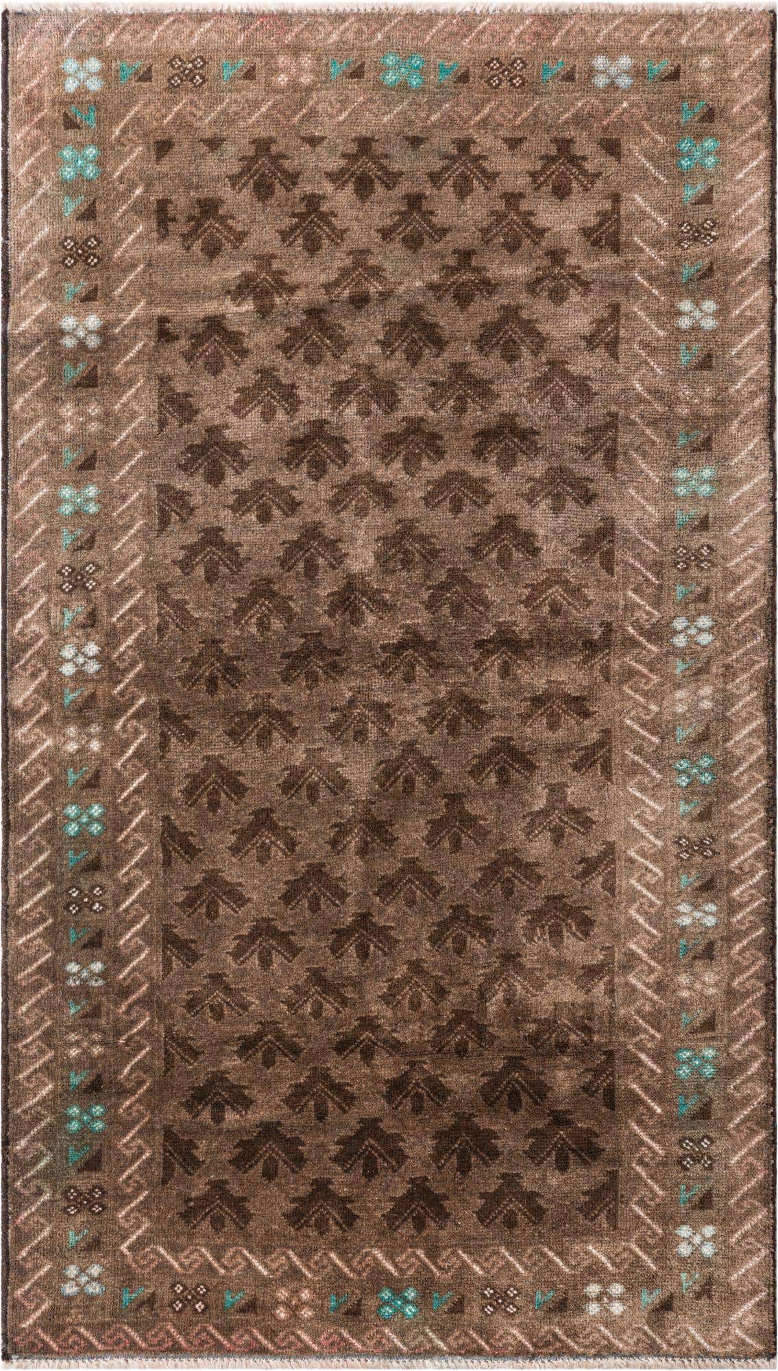 A 4x6 rectangular brown wool rug with a repeating dark brown leaf-like pattern and a border featuring small teal and white floral motifs.