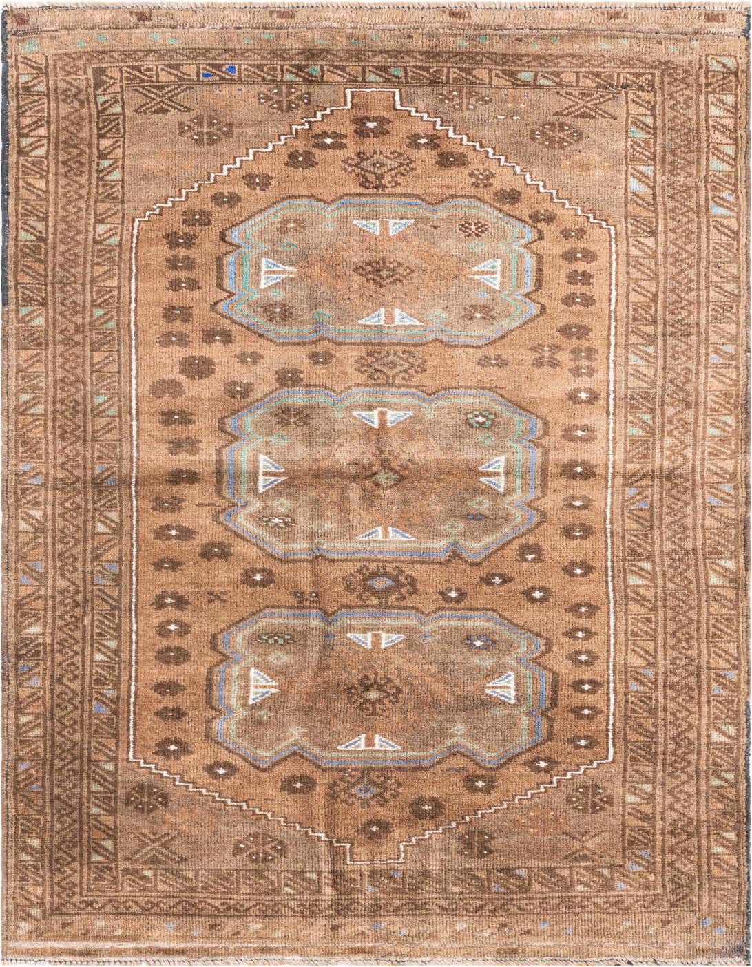 A 4x6 rectangular brown wool rug with a distressed Persian medallion pattern and intricate borders.