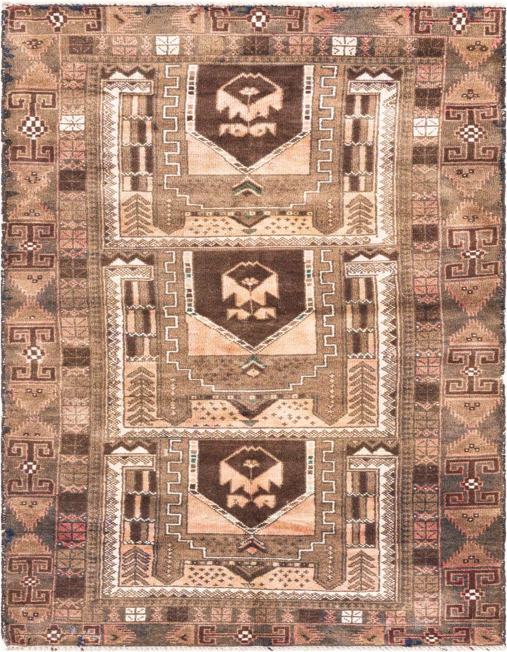 A 4x6 rectangular brown and tan Persian rug with a vintage, geometric pattern, handmade from wool.