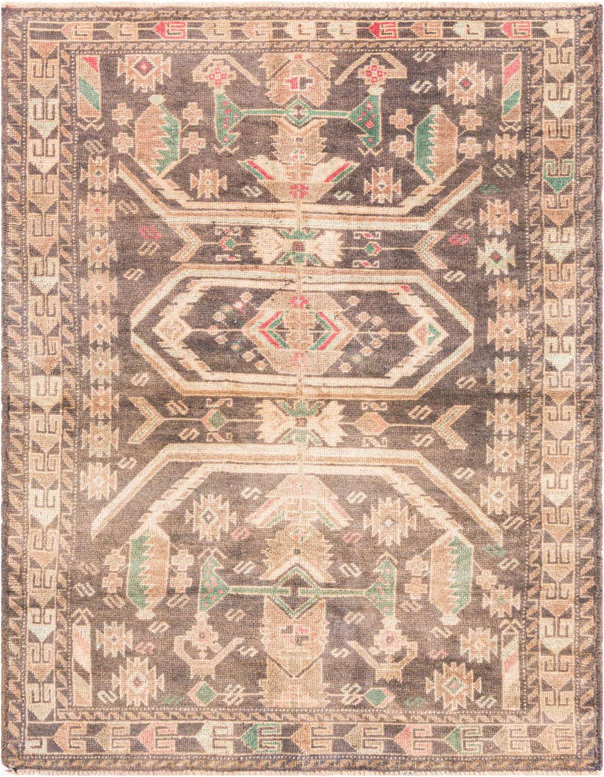 A 4x6 rectangular brown and tan wool rug with a distressed Persian medallion pattern and colorful accents.