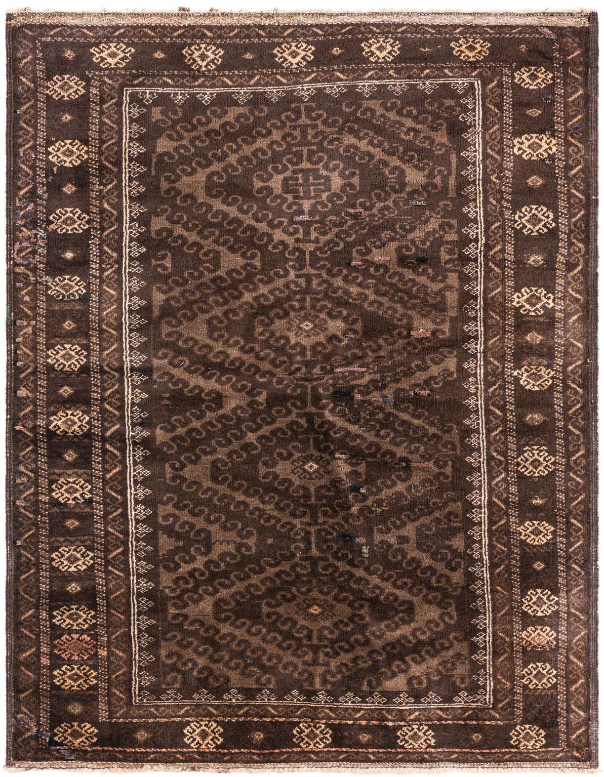 A 4x6 rectangular brown wool rug with a vintage Persian medallion pattern, ideal for a living room.