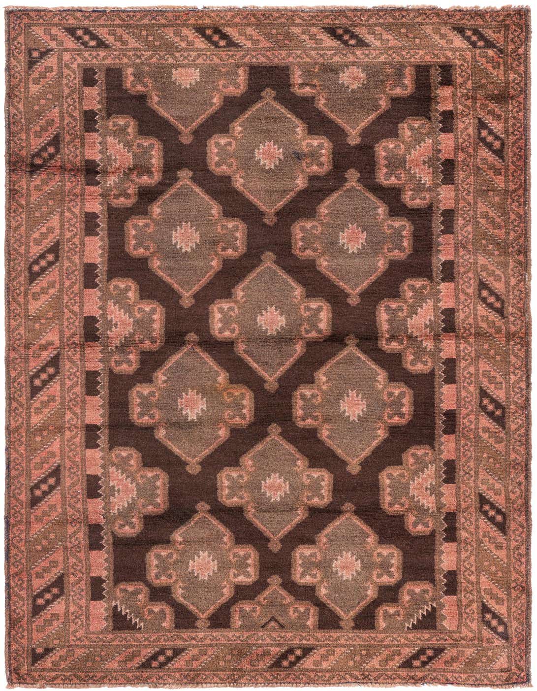 A 4x6 rectangular brown Persian rug with a repeating geometric pattern in shades of tan and muted pink, framed by a multi-layered border.
